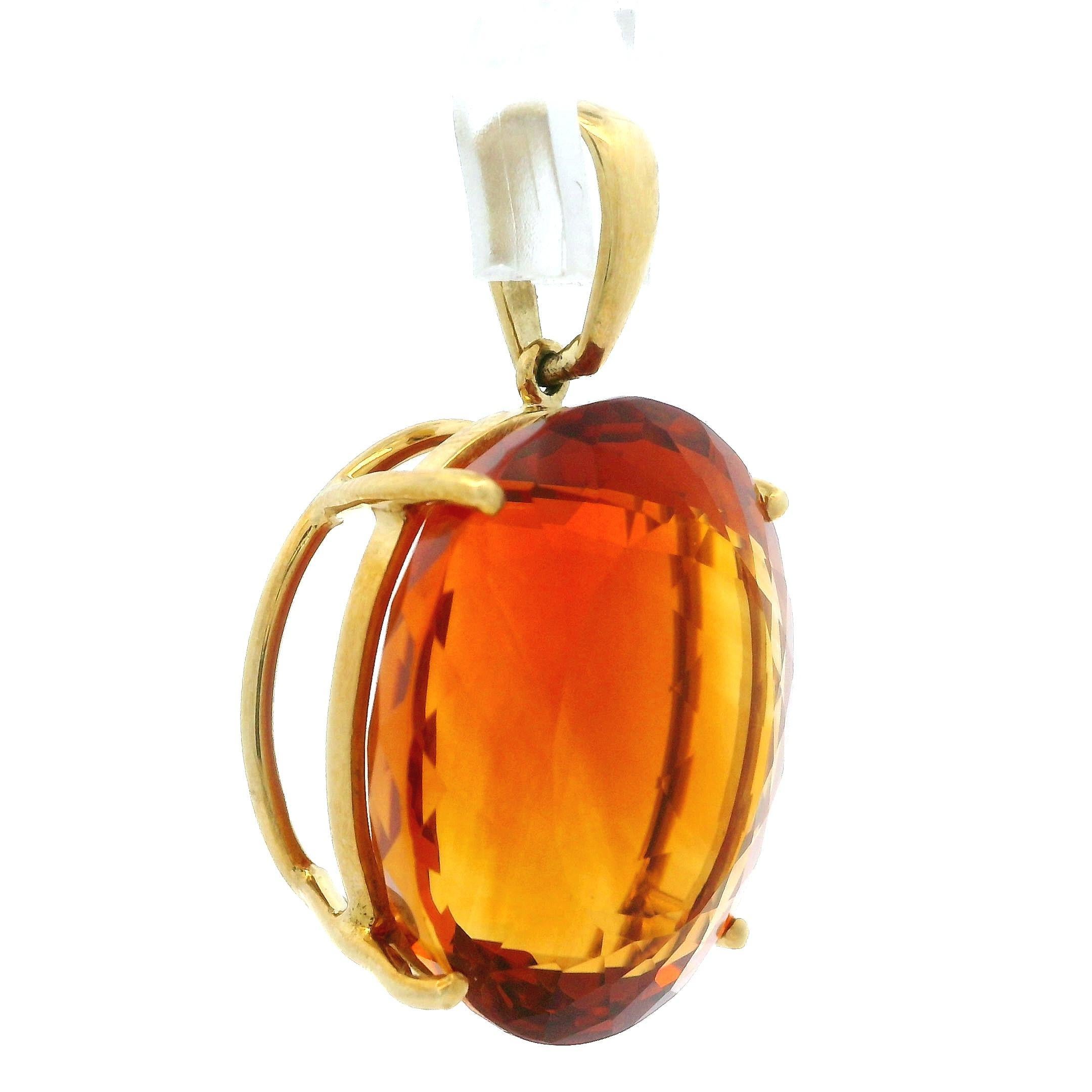–Stone(s)–
(1) Natural Genuine Citrine - Oval Cut - Prong Set - Vivid Orange Color  - 20x23mm (approx.) - 30ctw (approx.)

Material: 18k  Yellow Gold 
Weight: 2.40 Grams
Overall Height: 33.23mm (1.30