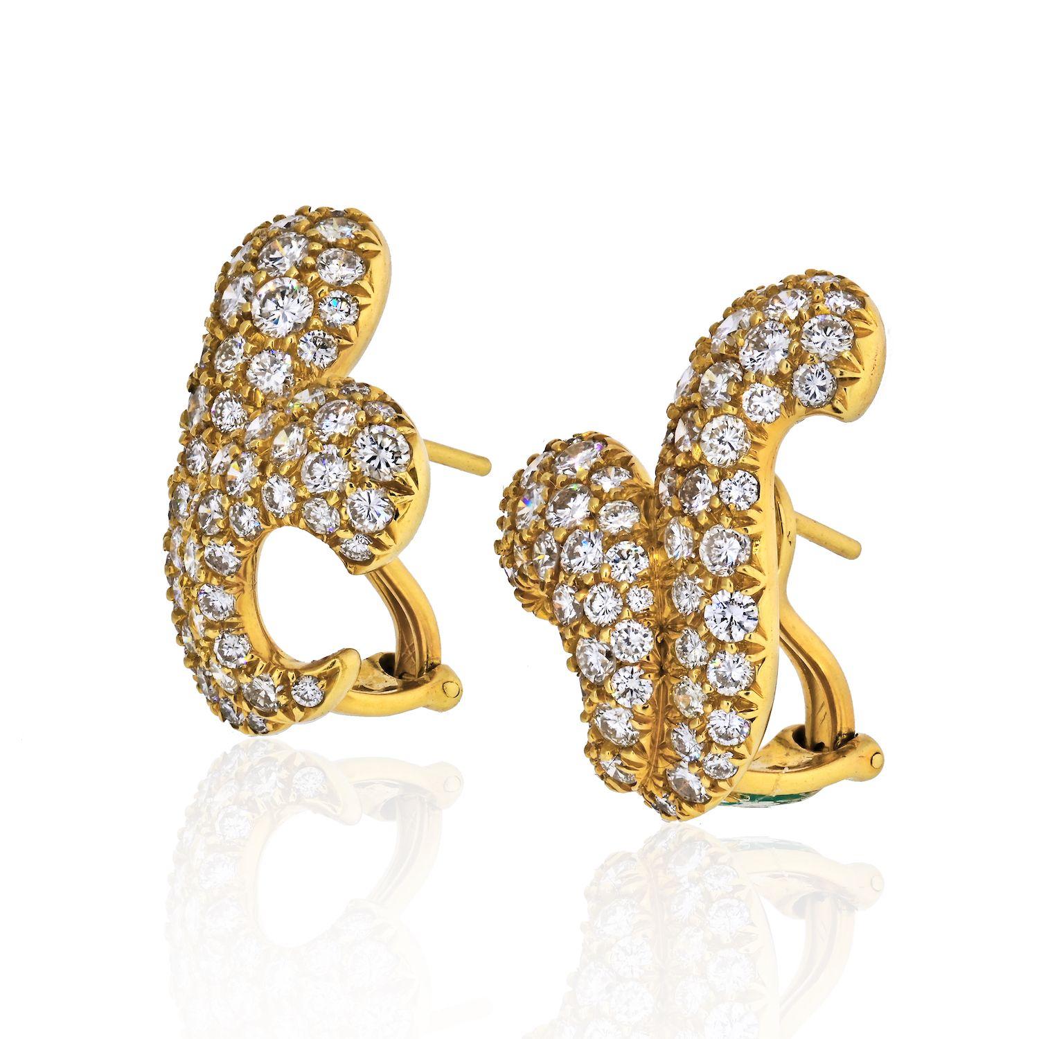 H. Stern Vintage 18K Yellow Gold 4.75 carat Pave Diamond Earrings. 
Completed by posts and omega clip backs.
Measures 24.6mm long.

*Note: earrings are designed for pierced ears, and are easily converted.