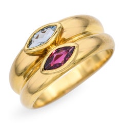H. Stern 18k Yellow Gold Aquamarine and Garnet Double Band Ring
