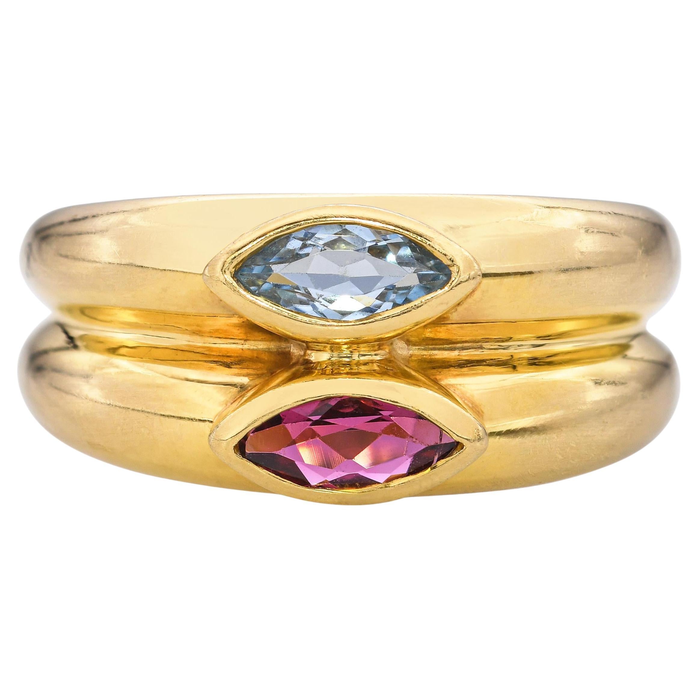 H. Stern 18k Yellow Gold Aquamarine and Garnet Double Band Ring