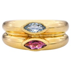 H. Stern 18k Yellow Gold Aquamarine and Garnet Double Band Ring