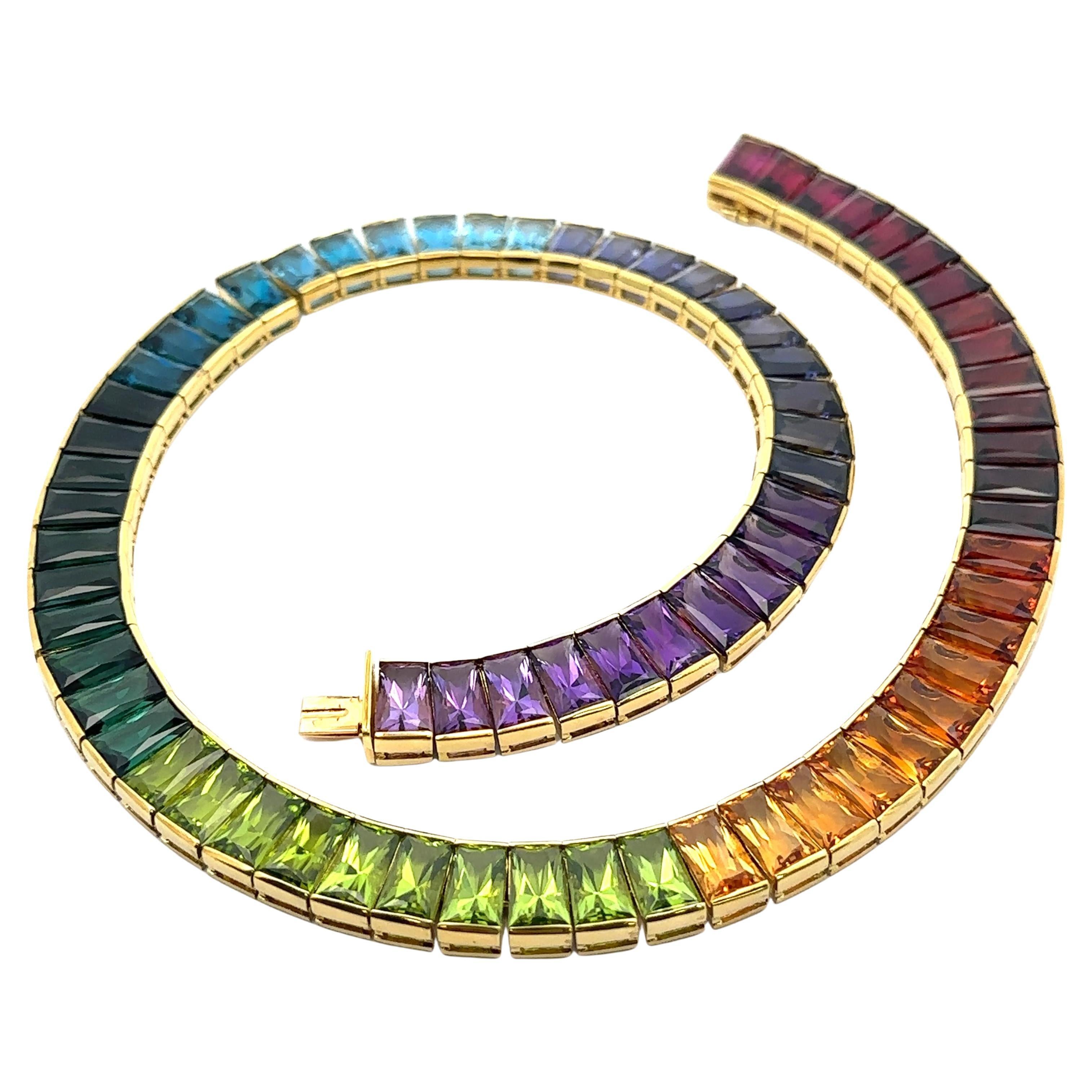 H. Stern 18k Yellow Gold Channel Set Multi Color Gemstones Tennis Necklace