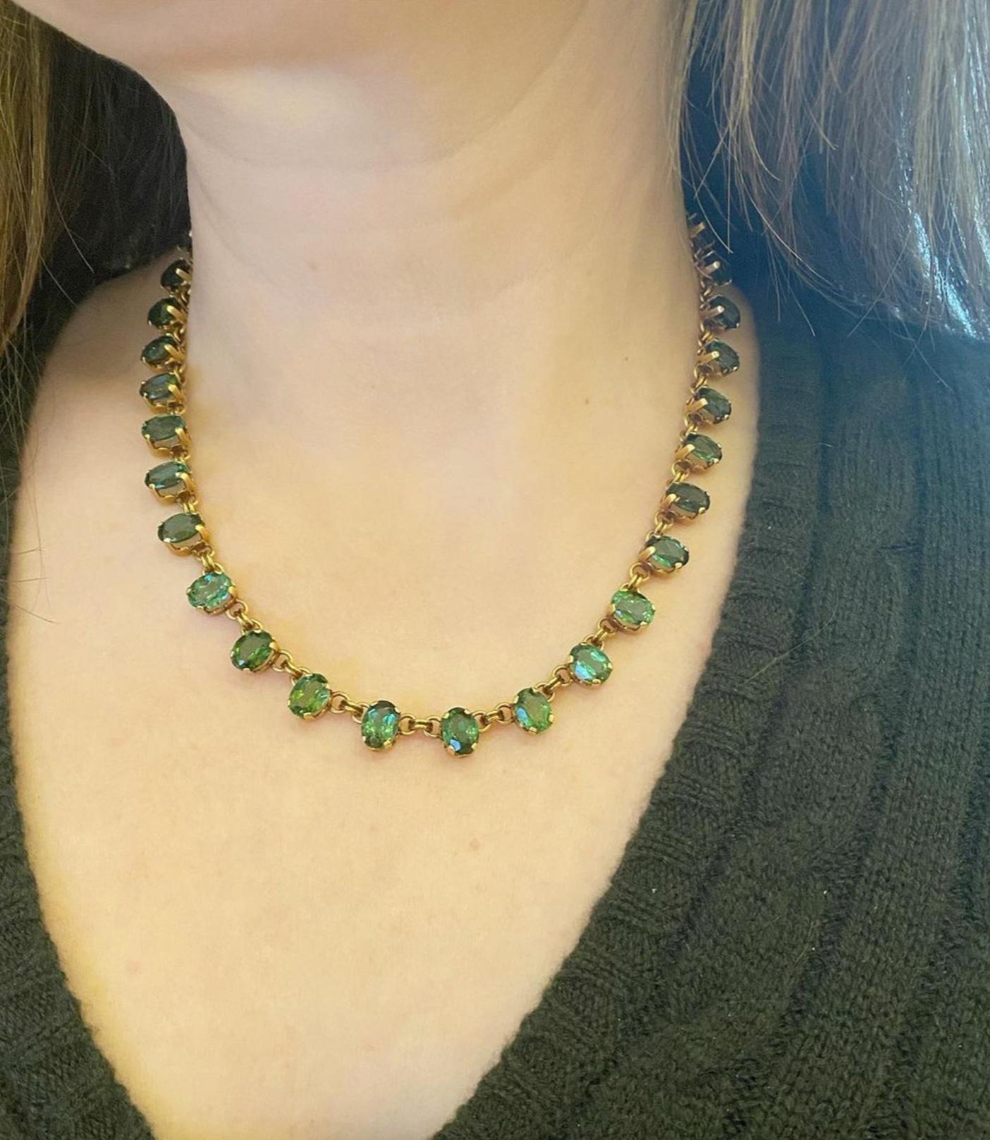 Oval Cut H. Stern 1950s Gold and Green Tourmaline Rivière Style Necklace For Sale