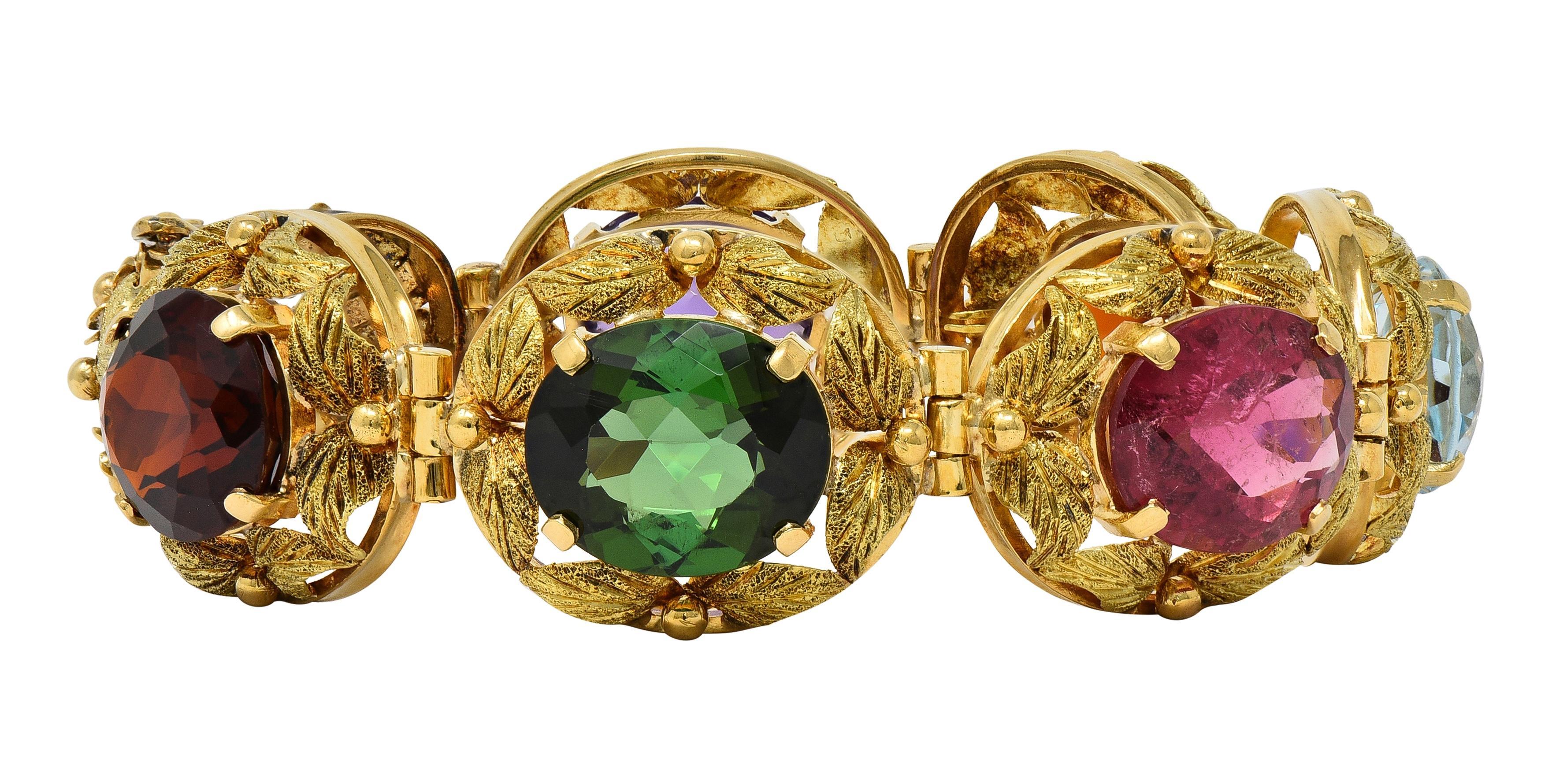 H. Stern Bracelet à maillons feuillagés vintage en or jaune 18 carats multi-gemmes, années 1950 en vente 8