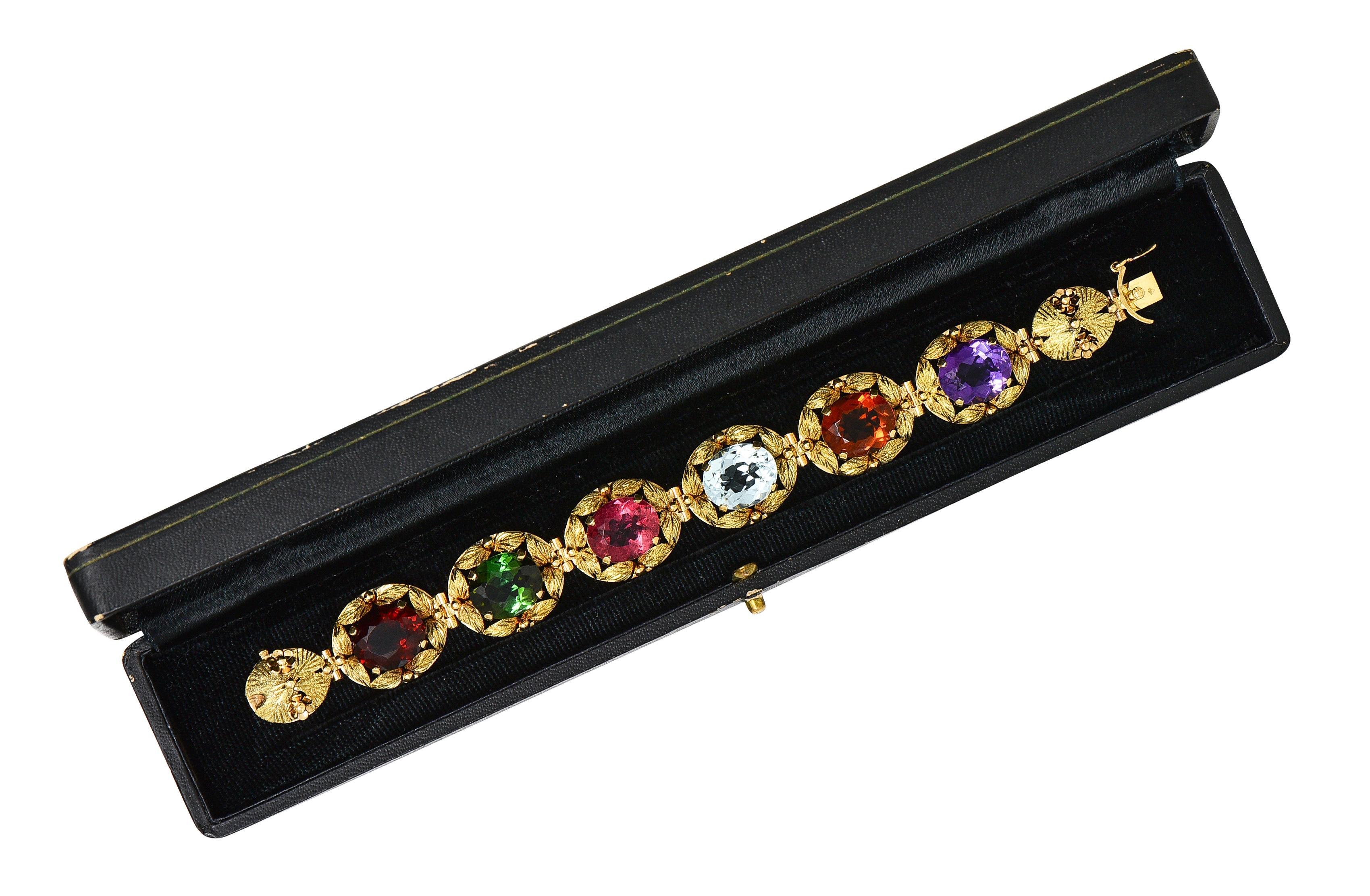 H. Stern Bracelet à maillons feuillagés vintage en or jaune 18 carats multi-gemmes, années 1950 en vente 9