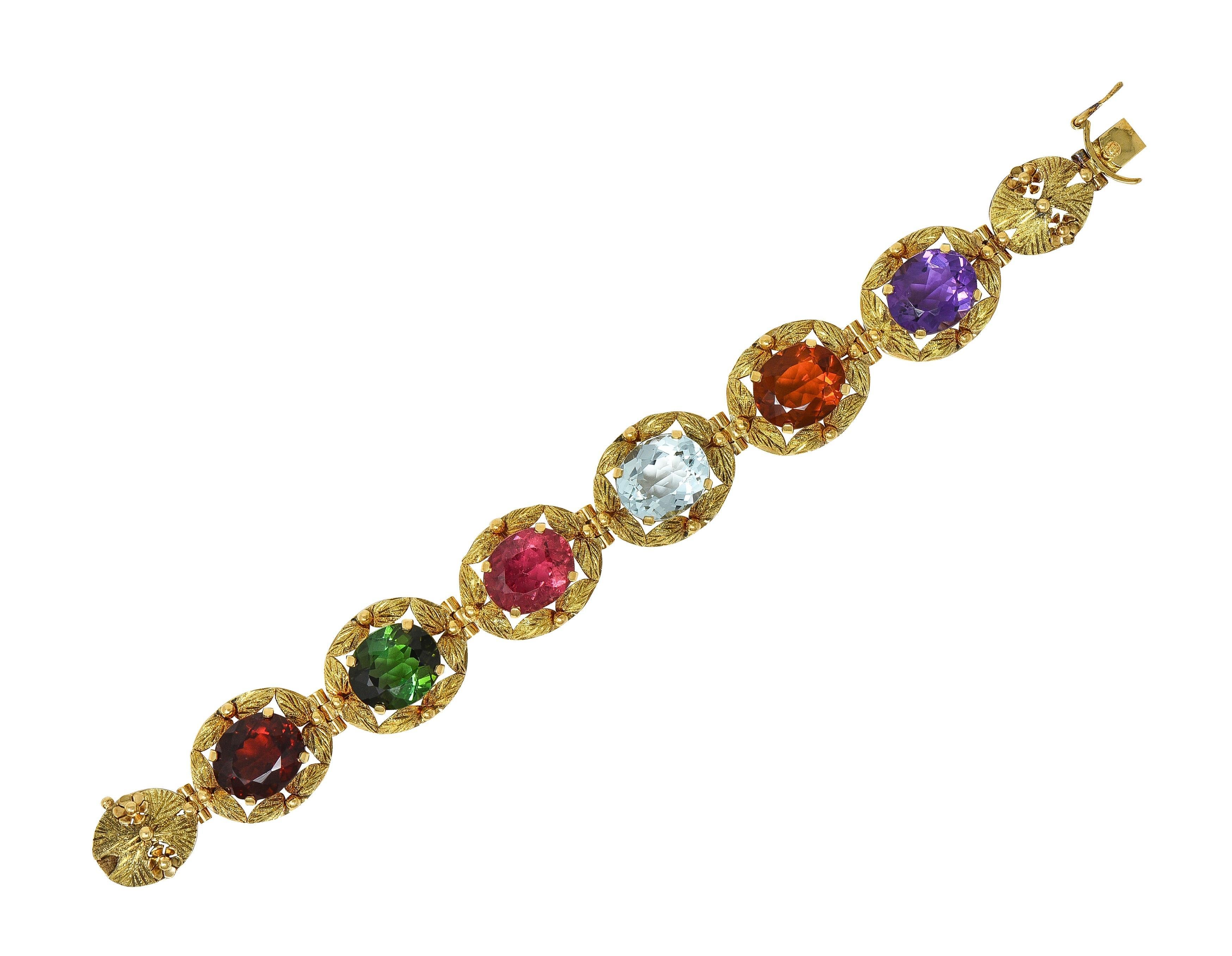 Moderne H. Stern Bracelet à maillons feuillagés vintage en or jaune 18 carats multi-gemmes, années 1950 en vente