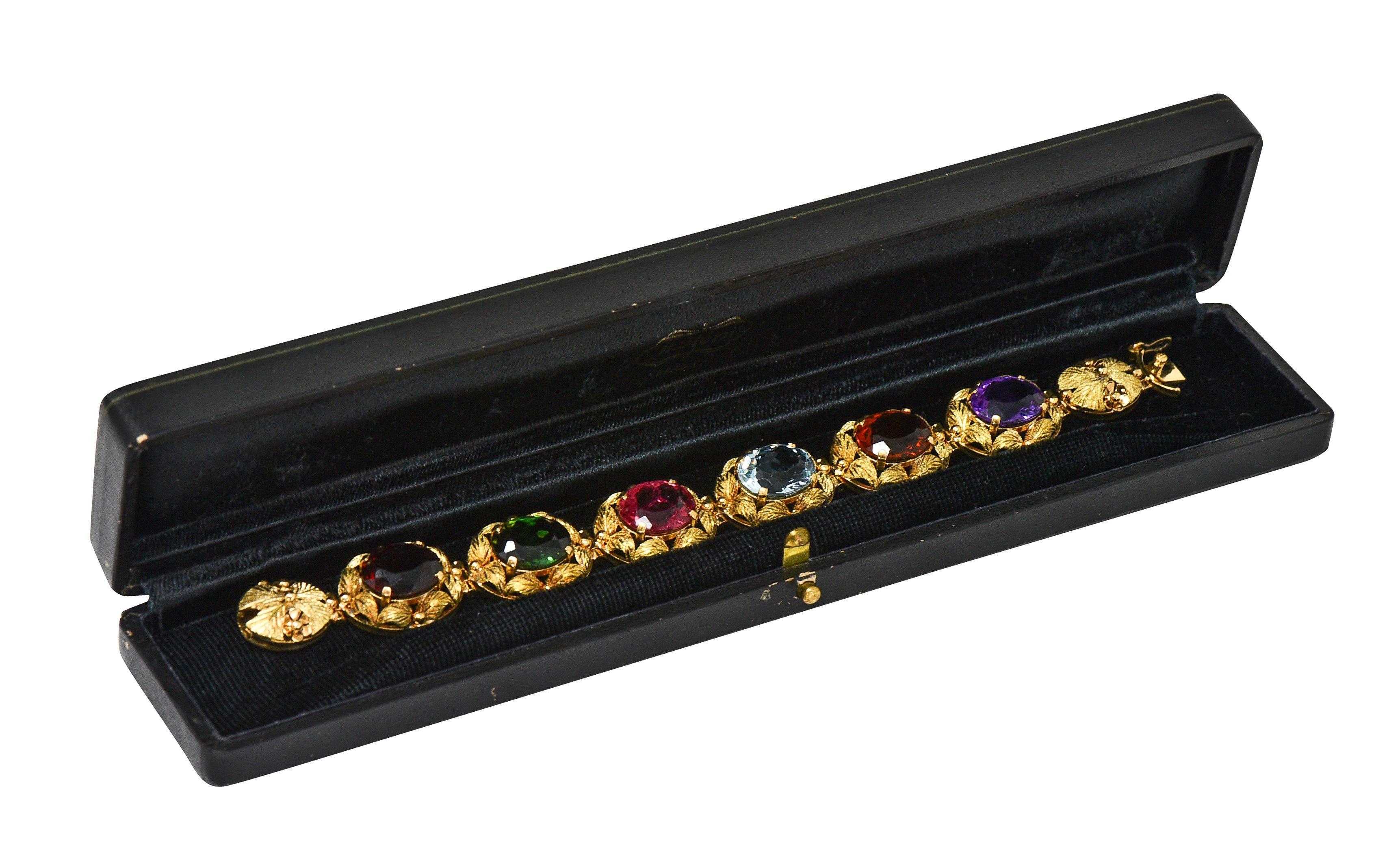 Taille ovale H. Stern Bracelet à maillons feuillagés vintage en or jaune 18 carats multi-gemmes, années 1950 en vente