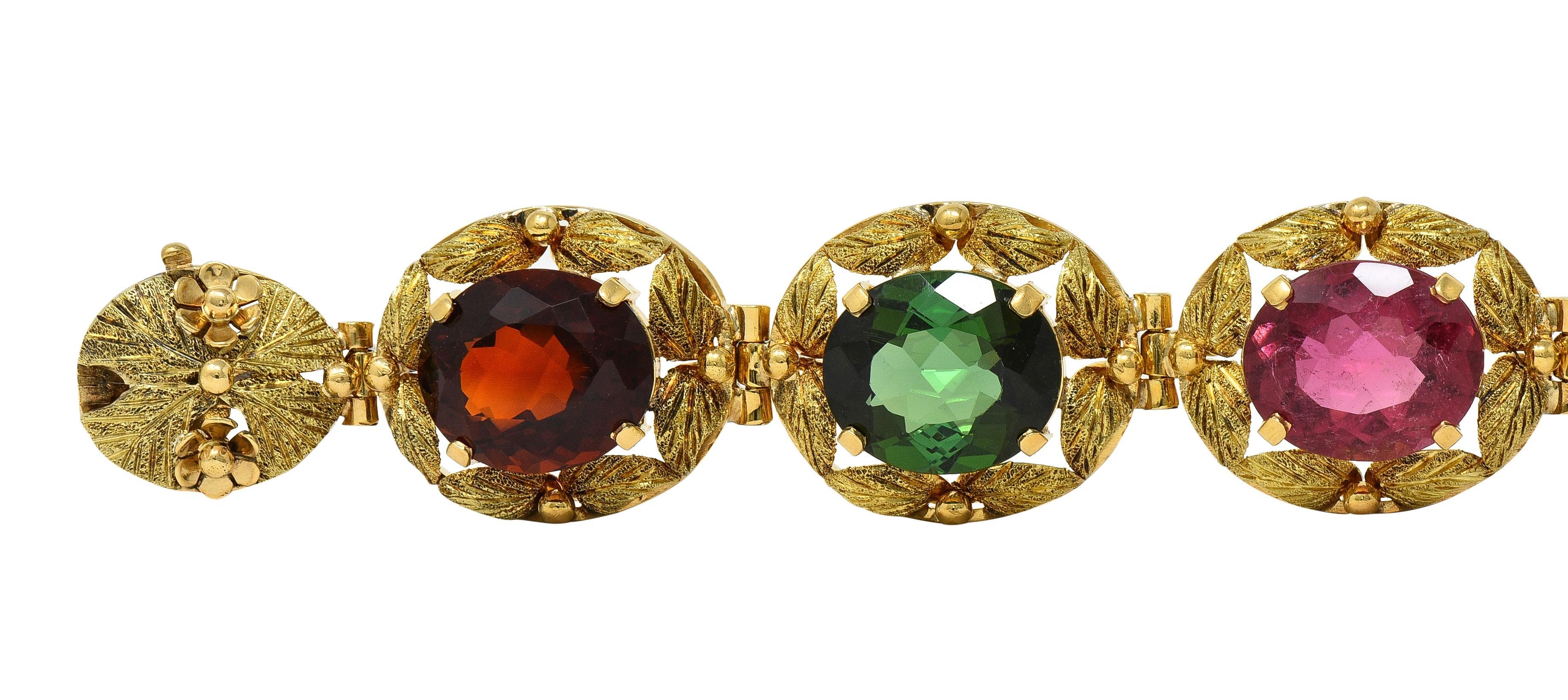 H. Stern Bracelet à maillons feuillagés vintage en or jaune 18 carats multi-gemmes, années 1950 Unisexe en vente