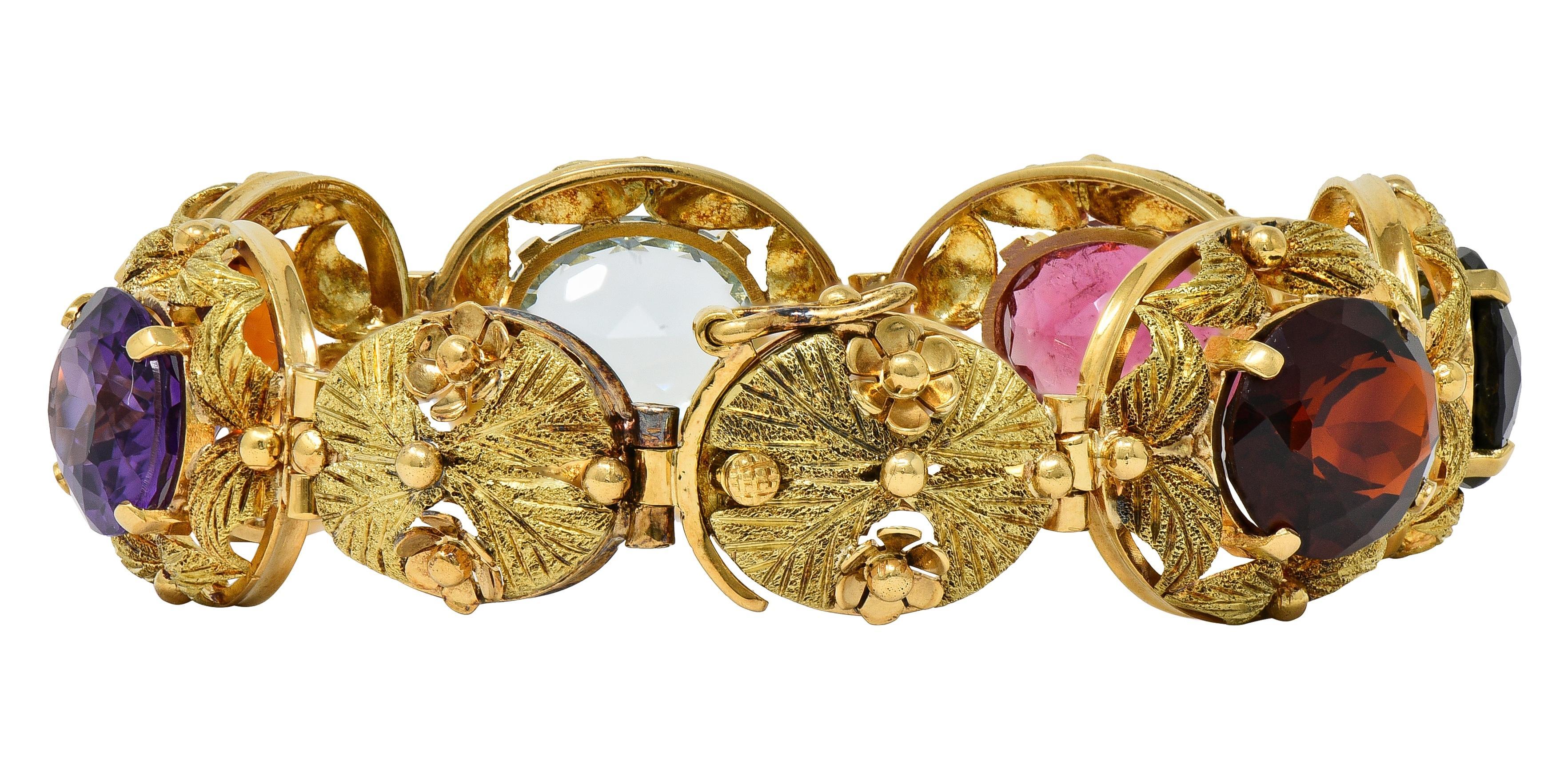 H. Stern Bracelet à maillons feuillagés vintage en or jaune 18 carats multi-gemmes, années 1950 en vente 2