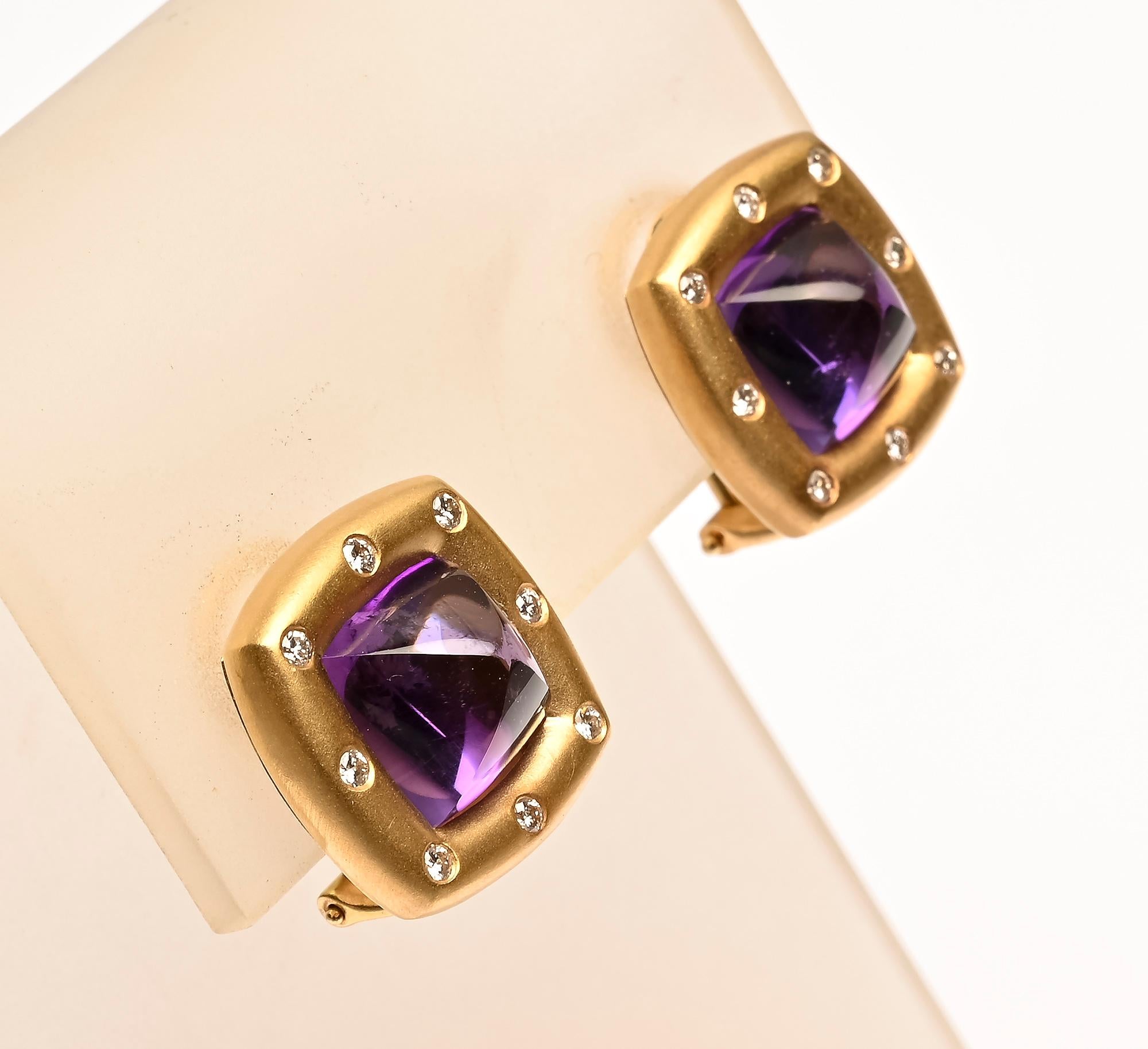 Tailored amethyst earrings by H. Stern with a hint of sparkle. Eight small diamonds surround the sugarloaf cut amethyst center.
Backs are clips and posts. Measurements are 5/8 inches square. 