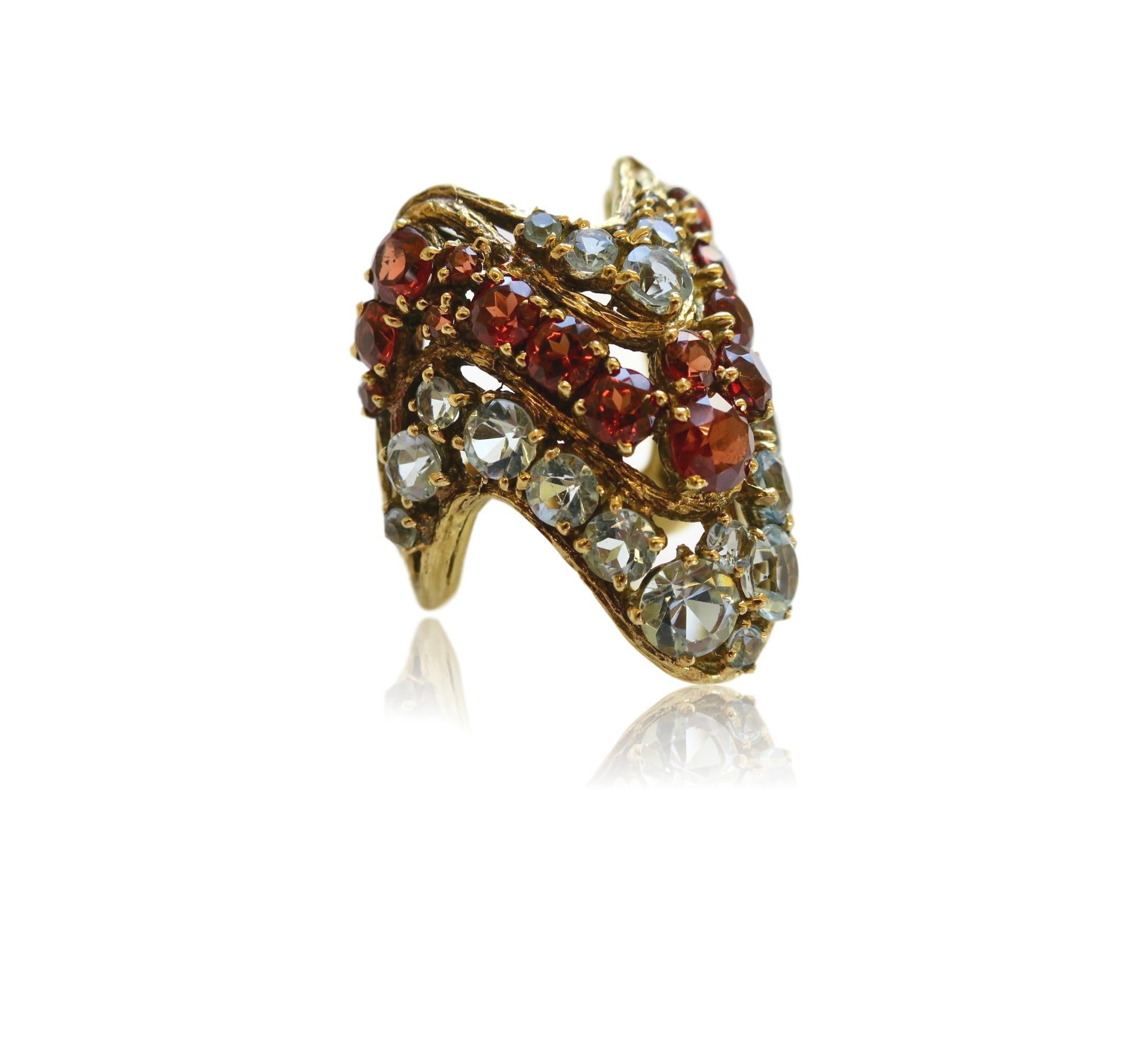 Anglo-Indian H. Stern Aquamarine and Hessonite Garnet Cocktail Ring, 1970s