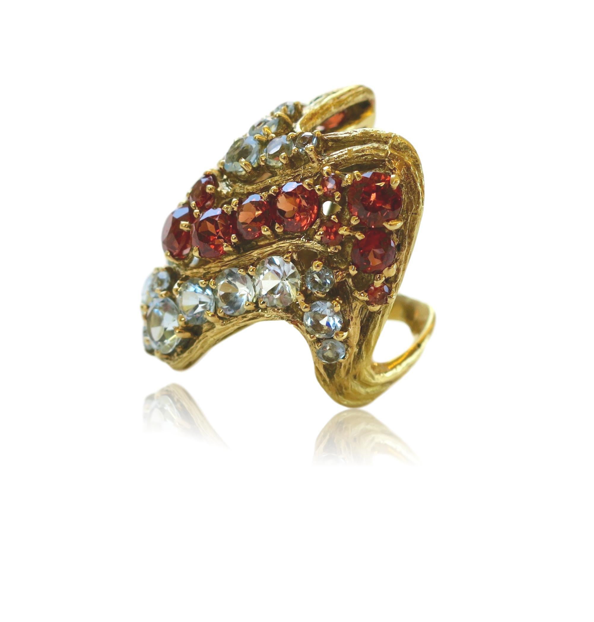 Anglo-Indian H. Stern Aquamarine and Hessonite Garnet Statement Ring, 1970s