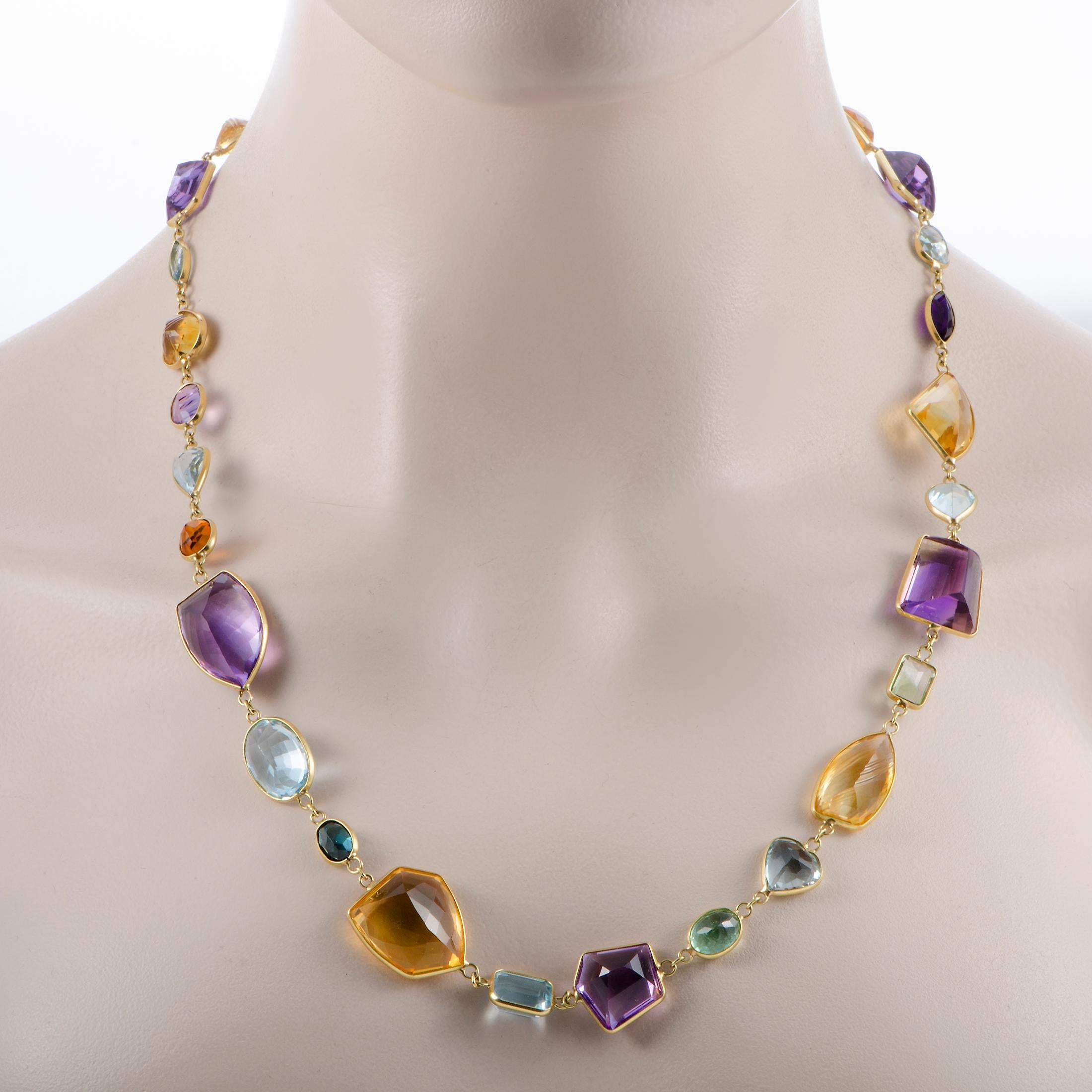This H. Stern necklace is crafted from 18K yellow gold and set with aquamarine, citrine, tourmaline, topaz, amethyst, and garnet stones. The necklace weighs 59.9 grams and measures 30” in length.

Offered in estate condition, this jewelry piece