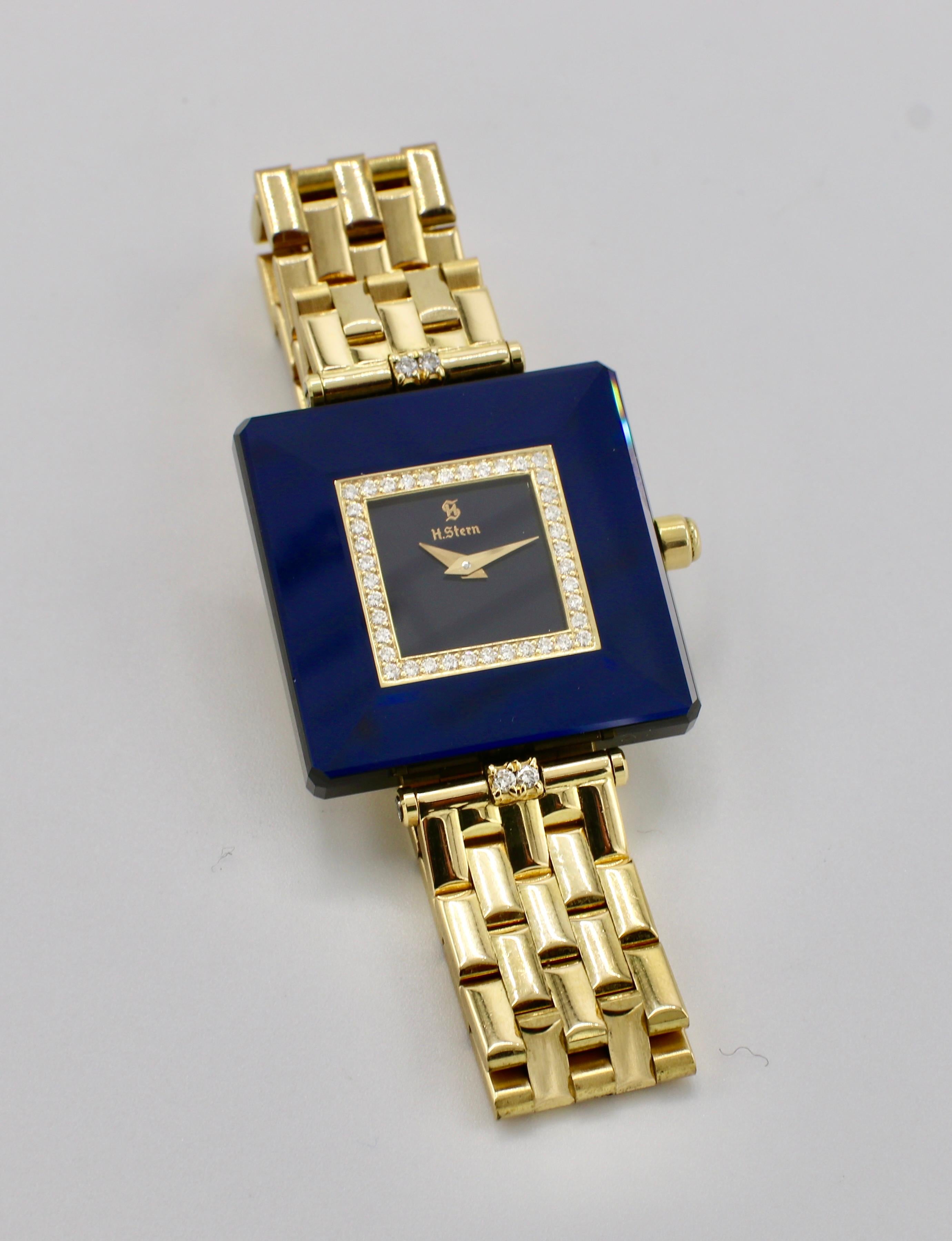 H. Stern Classic 18 Karat Yellow Gold, Blue Sapphire & Diamond Dress Watch 
Metal: 18k yellow gold
Weight: 59.5 grams
Diamonds: Approx. .40 CTW G VS
Case: 25 x 25MM
Dial: Navy, no markers 
Movement: Quartz
Bracelet: 15.5MM wide, 6.5 inches 
Water