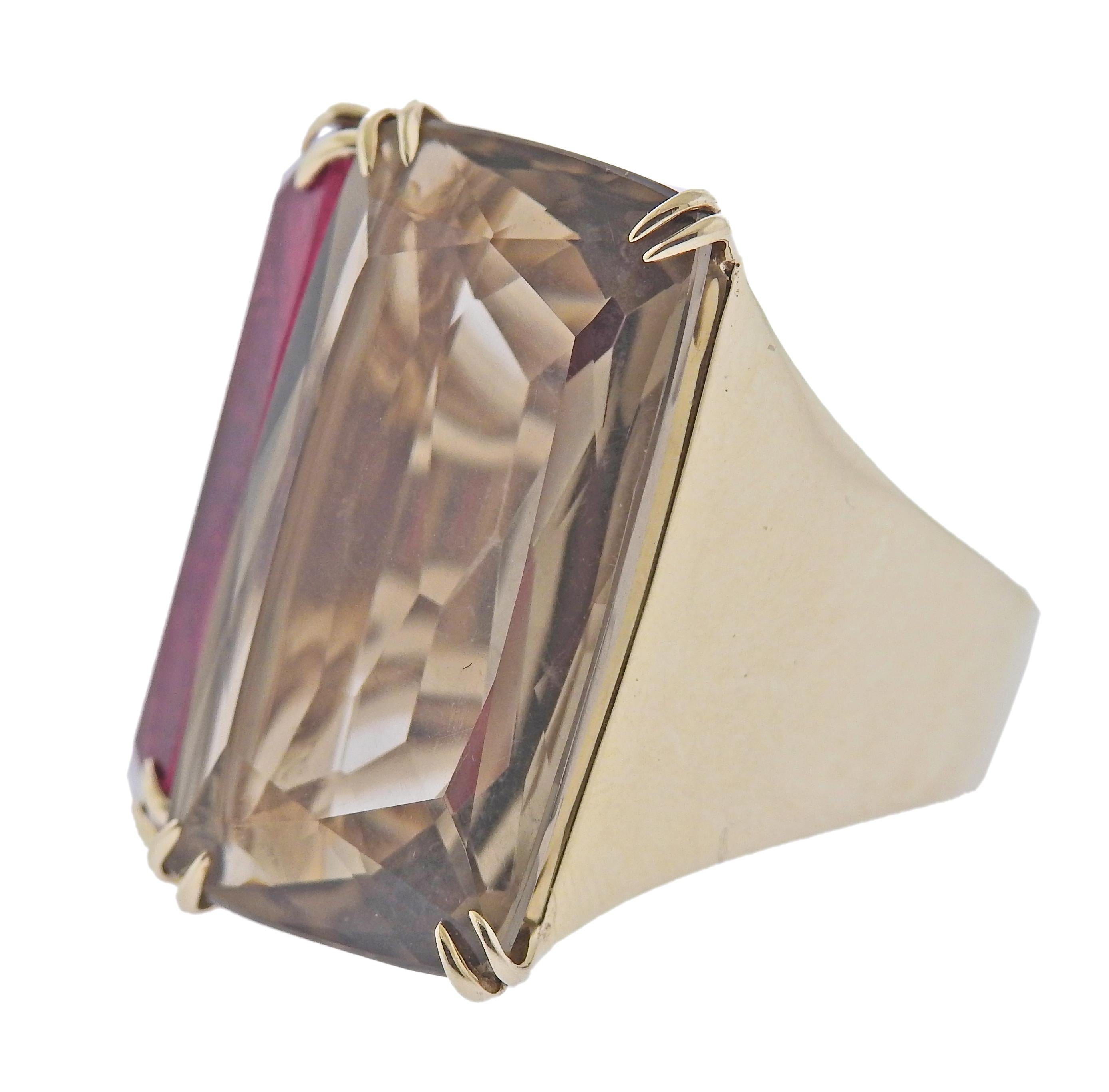 18k gold Cobblestone cocktail ring by H. Stern, with pink tourmaline, Smokey quartz and 0.09ctw H/Vs diamonds.  Ring size 7.5 (EU 56) , top is 26 x 25mm. Marked 2 M, 750, S hallmark. Weight 23 grams. 