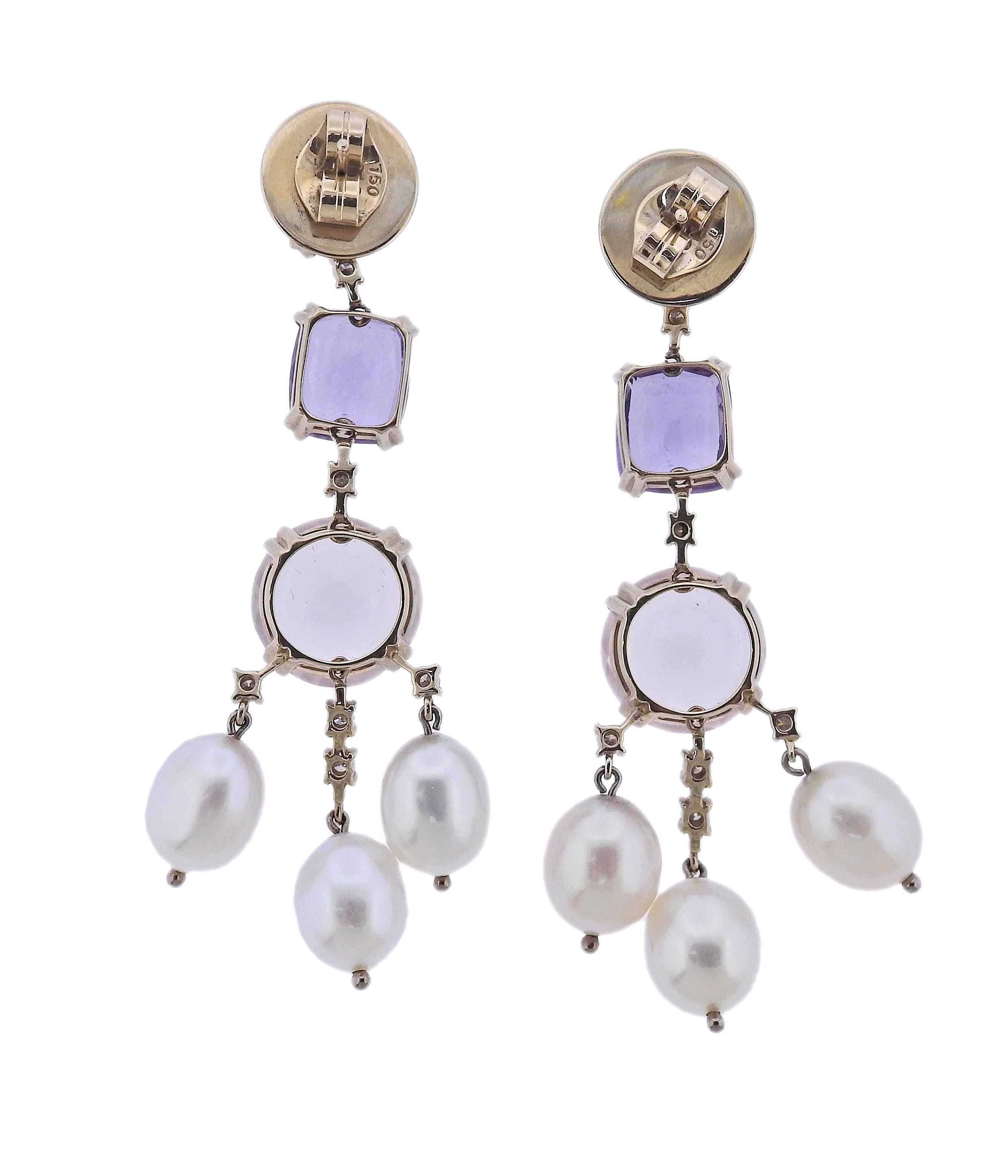 Pair of 18k gold Cobblestone earrings by H. Stern, with approx. 0.36ctw G/VS diamonds, pearls, rose quartz and amethyst.  Earrings are 2.5