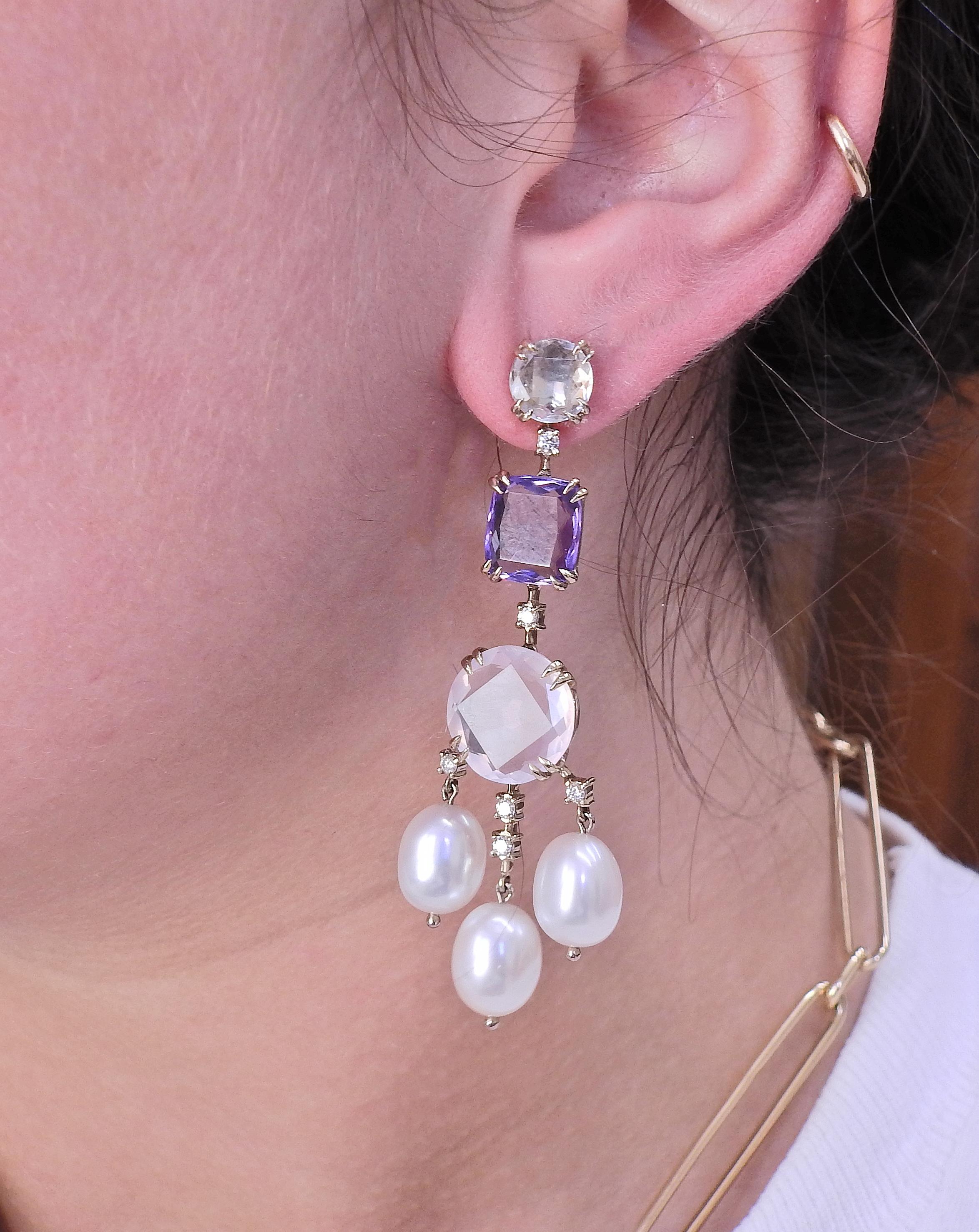 Women's H. Stern Cobblestone Diamond Pearl Amethyst Quartz Gold Earrings