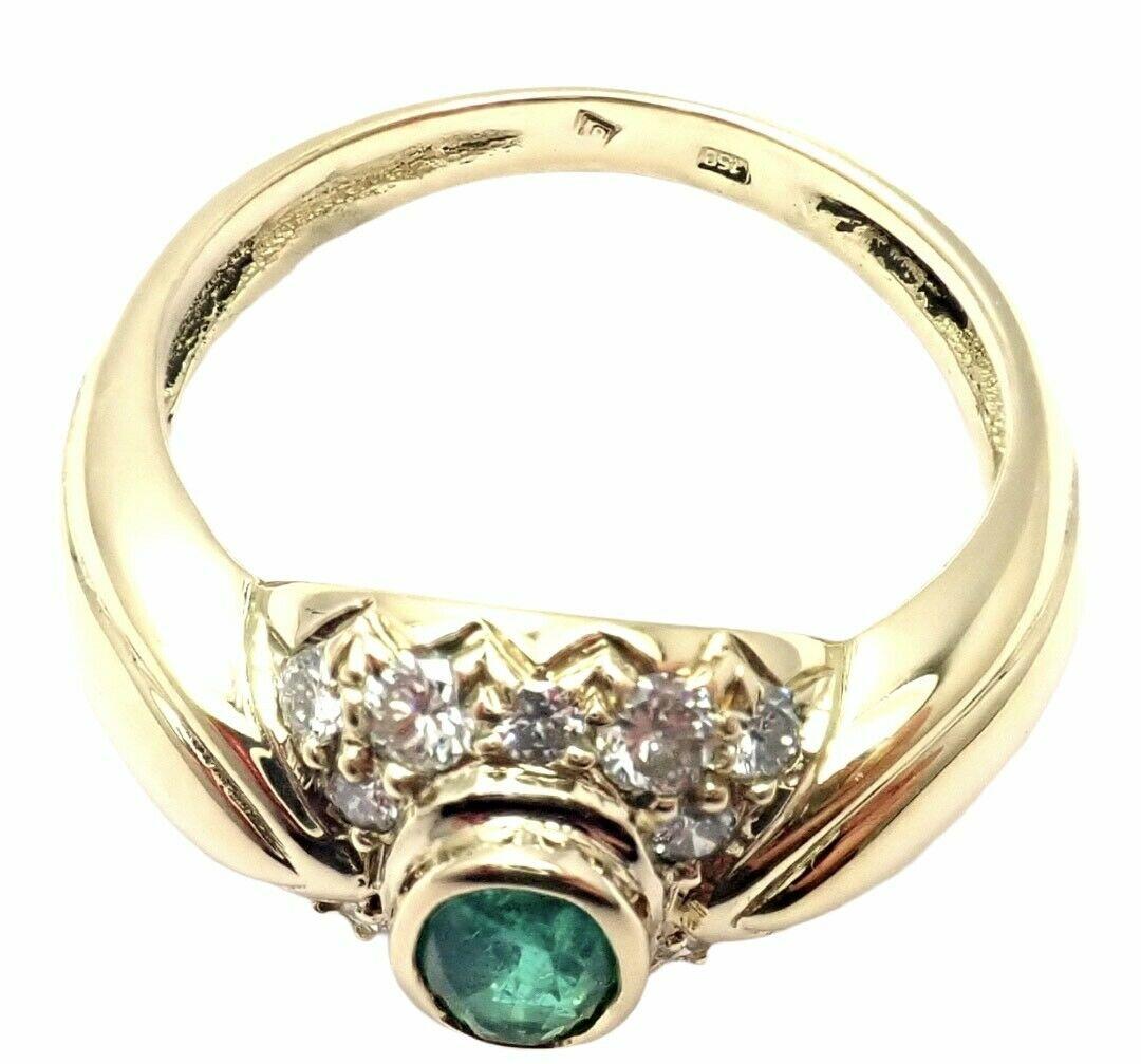 18k Yellow Gold Diamond Emerald Ring by H. Stern. 
With 14 round brilliant cut diamonds VS1 clarity, G color total weight approx. .40ct
1 Oval Emerald approximately 0.5ct
Details: 
Weight: 6.2 grams
Width: 11mm	
Size: 7.5
Stamped Hallmarks: H. Stern