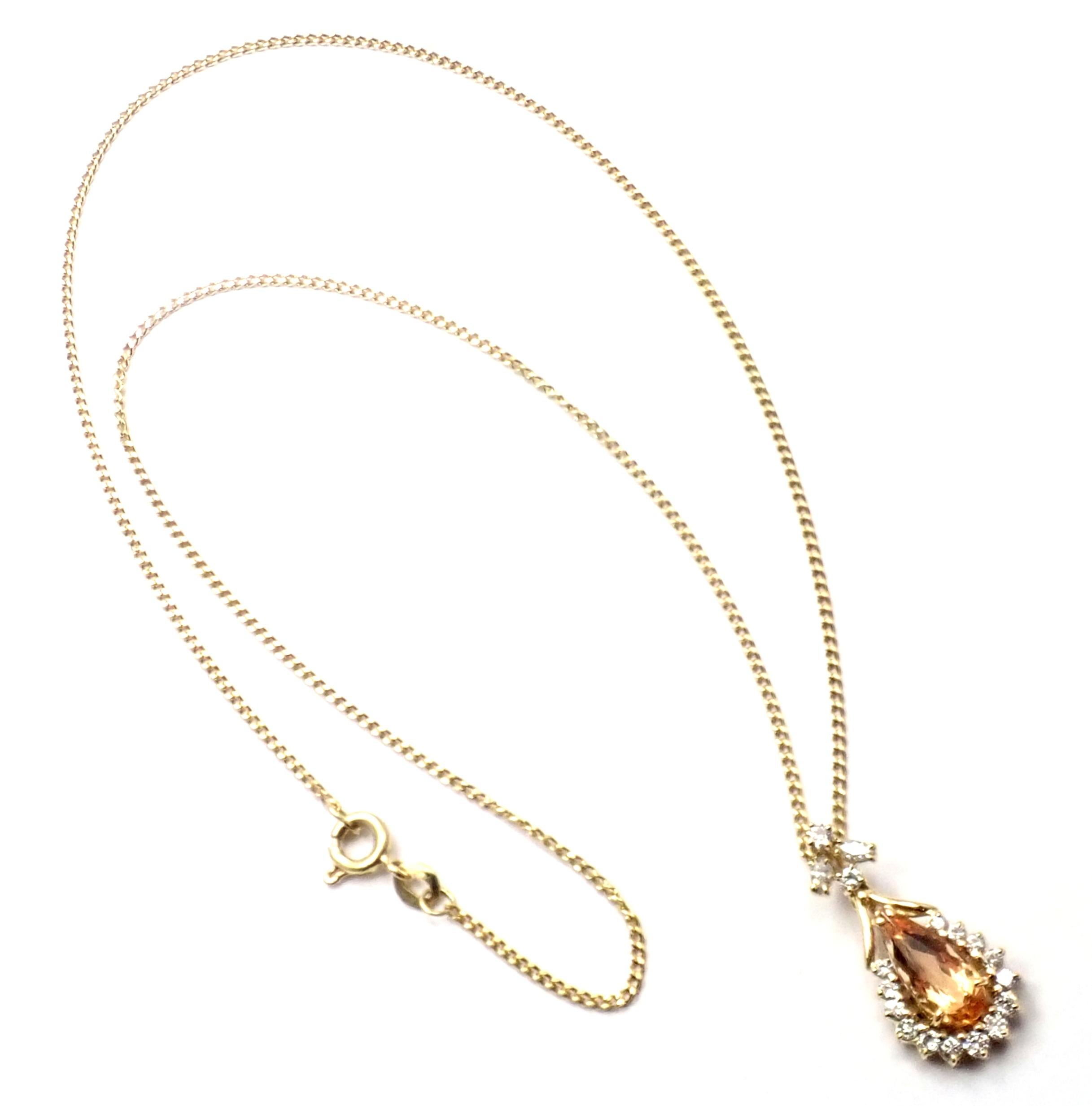 18k Yellow Gold Diamond Imperial Topaz Pendant Necklace by H. Stern. 
With 16 round brilliant cut diamonds & 2 marque shape diamonds VS1 clarity, G color total weight approx. .40ct
1 pear shape imperial topaz total weight 2ct
Details: 
Length: