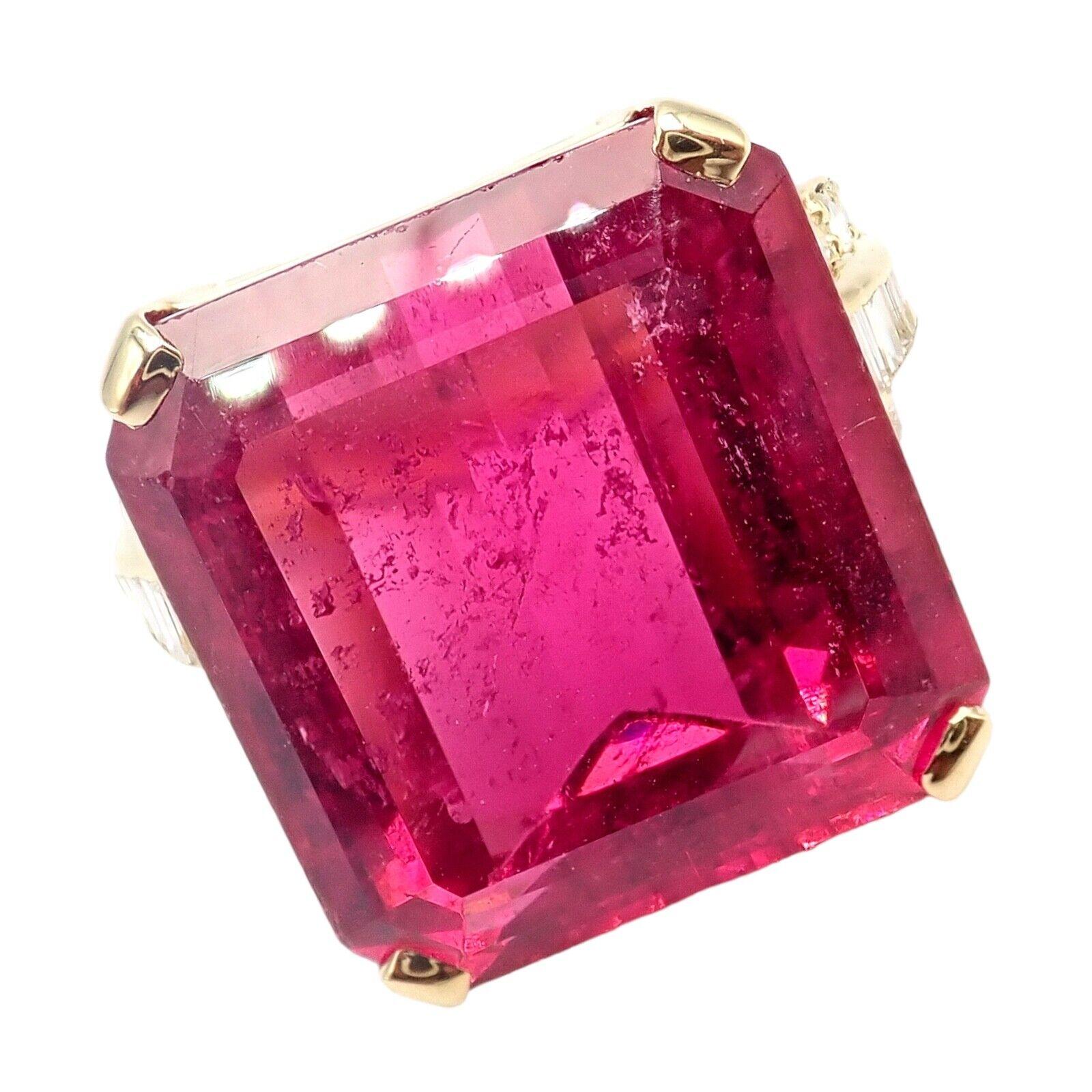 18k Yellow Gold Diamond Pink Tourmaline Statement Ring by H. Stern. 
The Authentic H. Stern 18k Yellow Gold Diamond Large Pink Tourmaline Statement Ring is a breathtaking piece of jewelry. Made from genuine 18k yellow gold, this ring features a