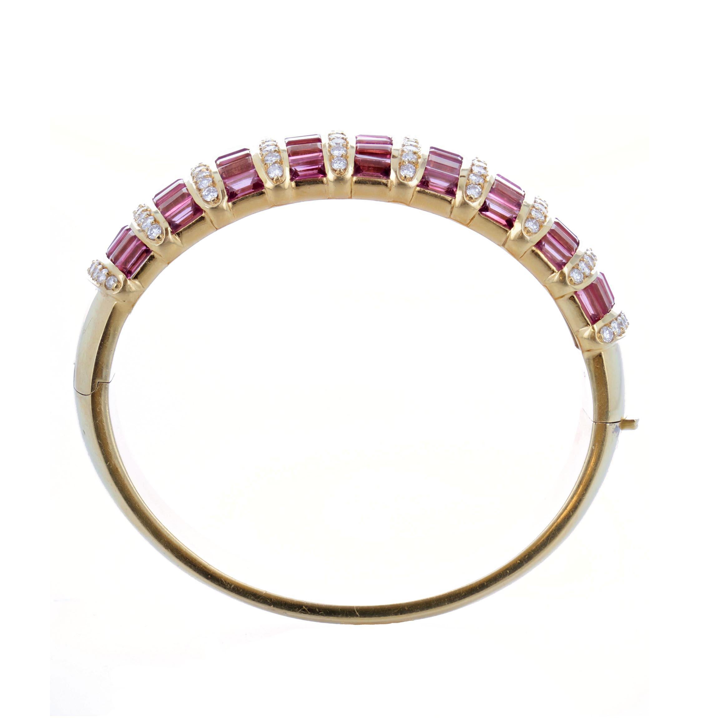 Baguette Cut H. Stern Diamond, Pink Tourmaline, and Gold Bangle Bracelet