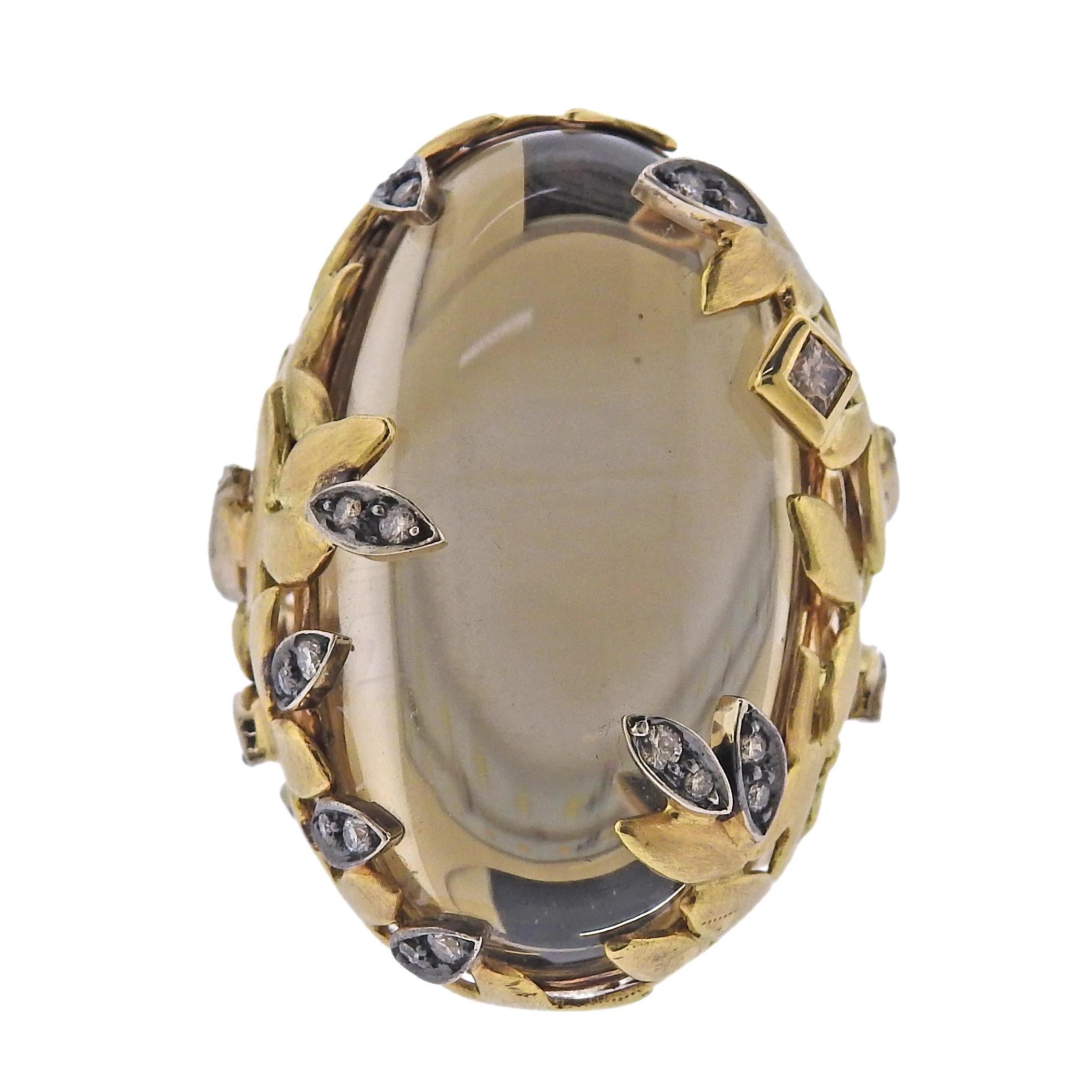 Round Cut H. Stern Diamond Quartz Leaf Gold Cocktail Ring