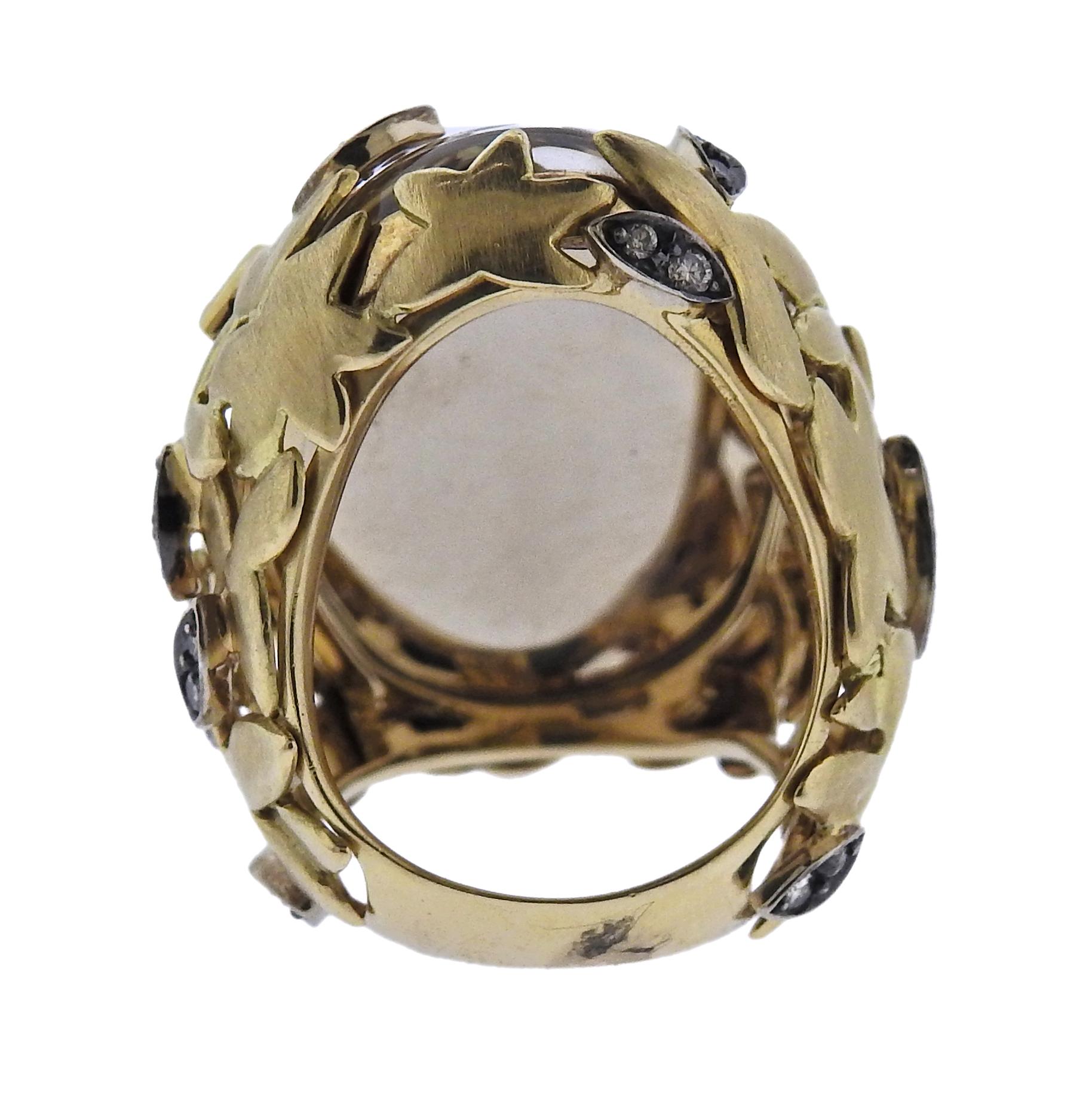 Round Cut H. Stern Diamond Quartz Leaf Gold Cocktail Ring For Sale