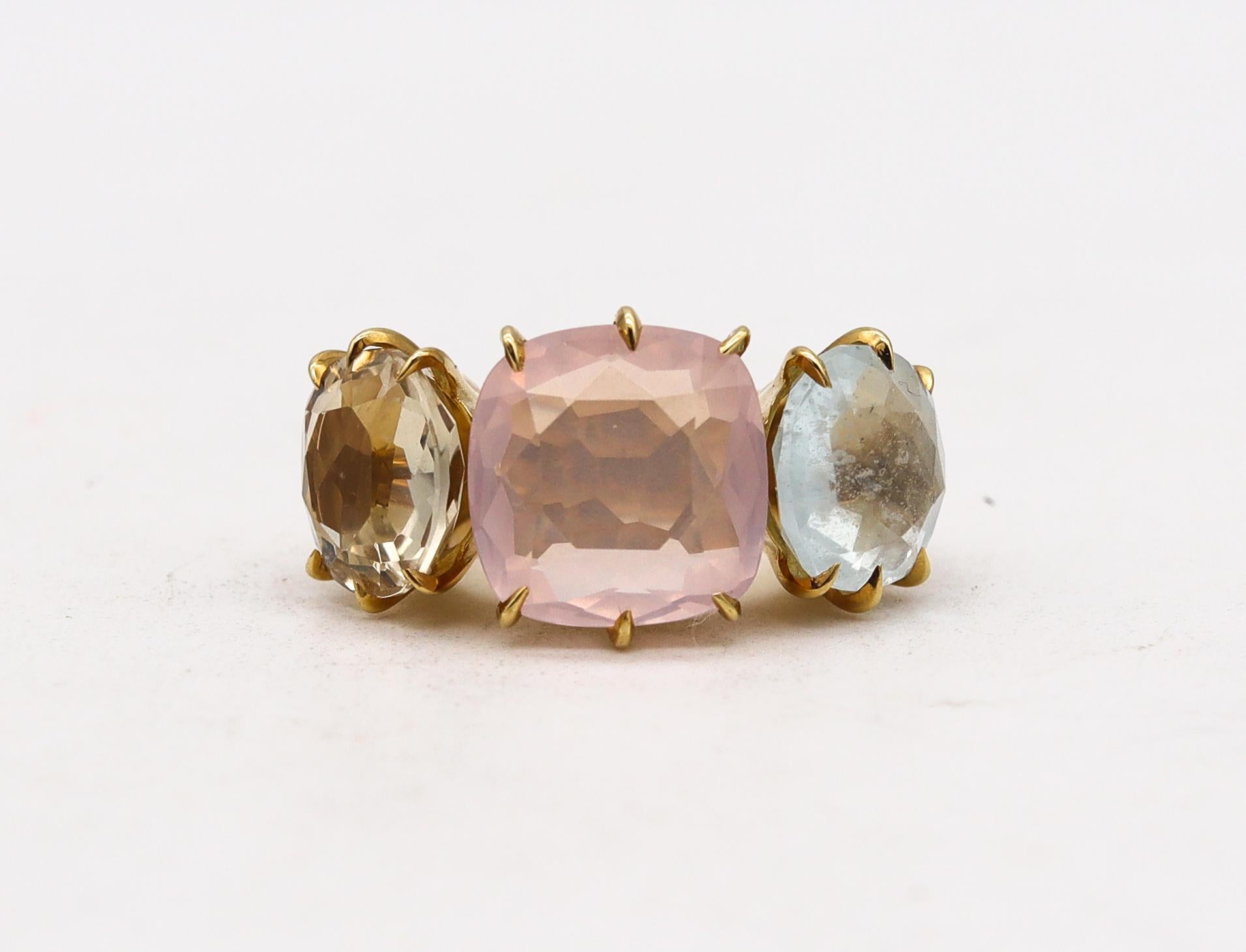 Gem set cocktail ring designed by H. Stern.

Beautiful contemporary colorful piece, created by the iconic Brazilian jewelry makers H. Stern. This cocktail ring has been crafted in solid yellow gold of 18 karats with high polished finish. Embellished