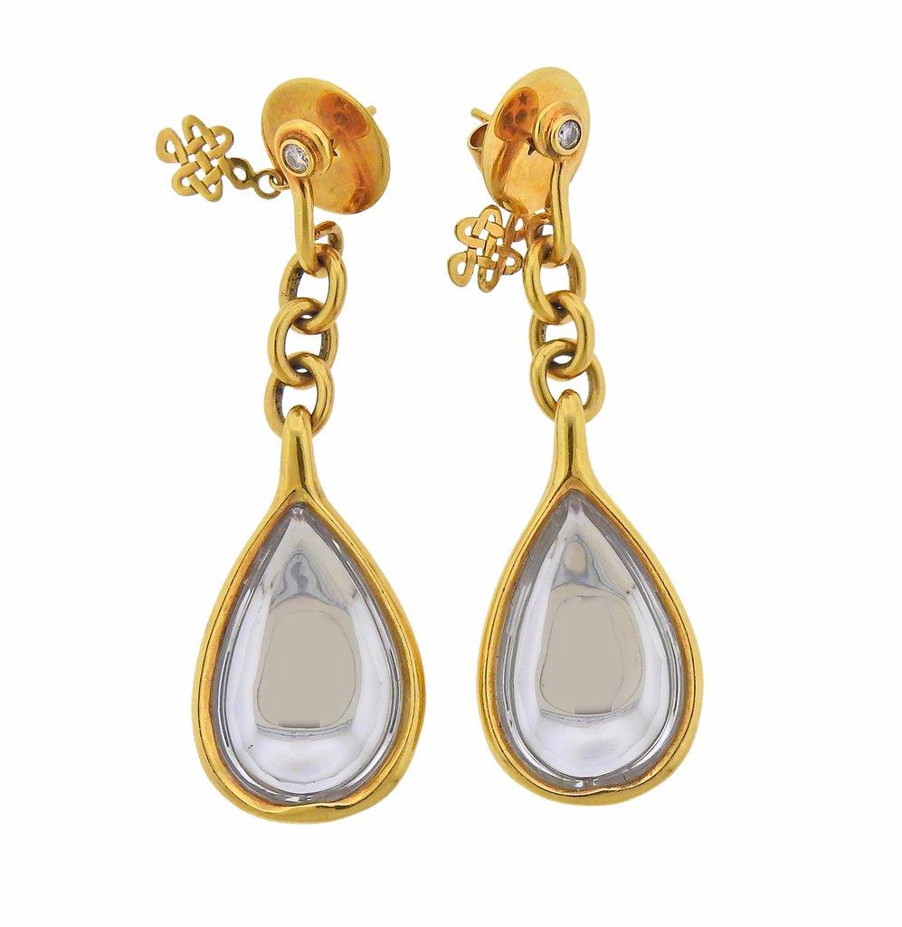 Pair of 18k gold drop earrings with diamonds and crystal, by Diane Von Furstenberg and H. Stern. Earrings are 58mm x 20mm. Marked - Life Harmony Freedom, Star mark, DVF charm mark, 750. Weight - 31.6 grams. 
