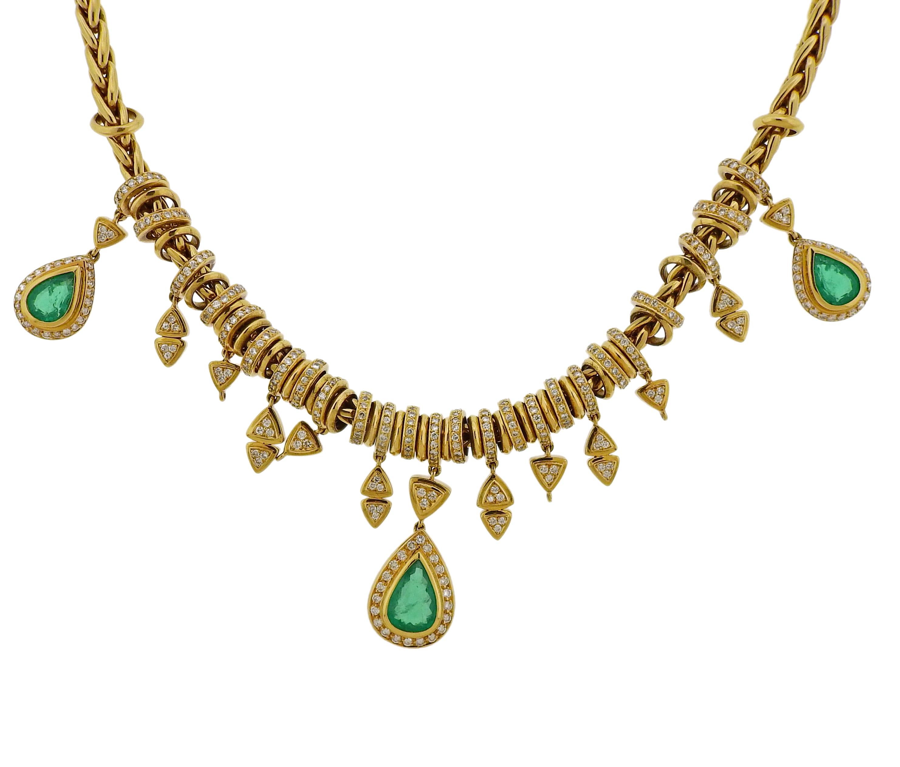 18k yellow gold pendant necklace by H Stern, featuring teardrop emeralds and approx. 1.60ctw in diamonds. Necklace is 16.75