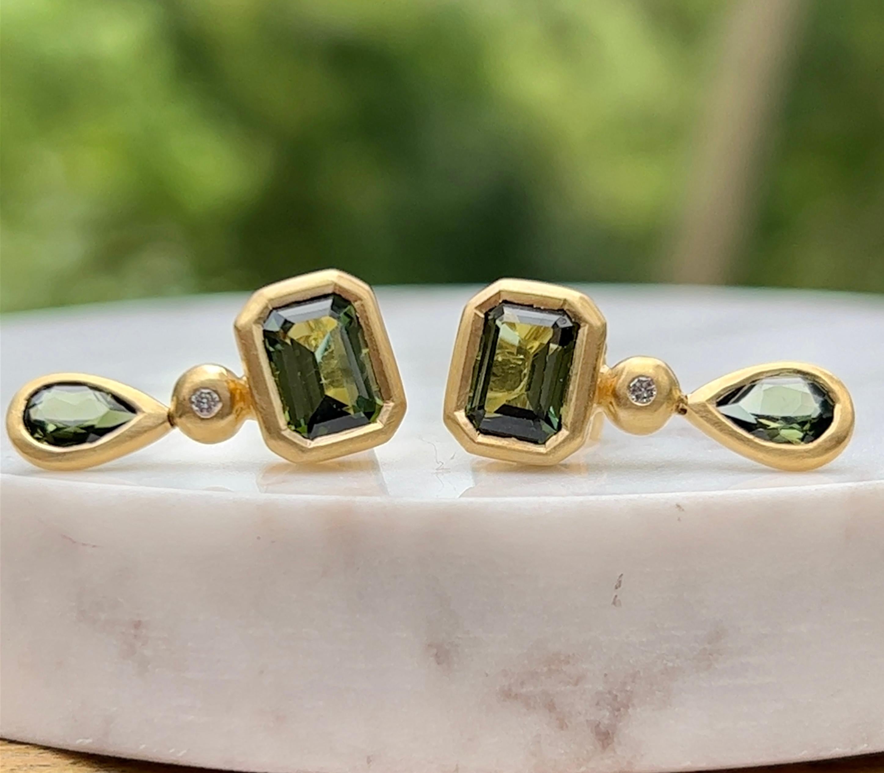Emerald Cut H. Stern Green Tourmaline and Diamond Earrings in 18 Karat Gold