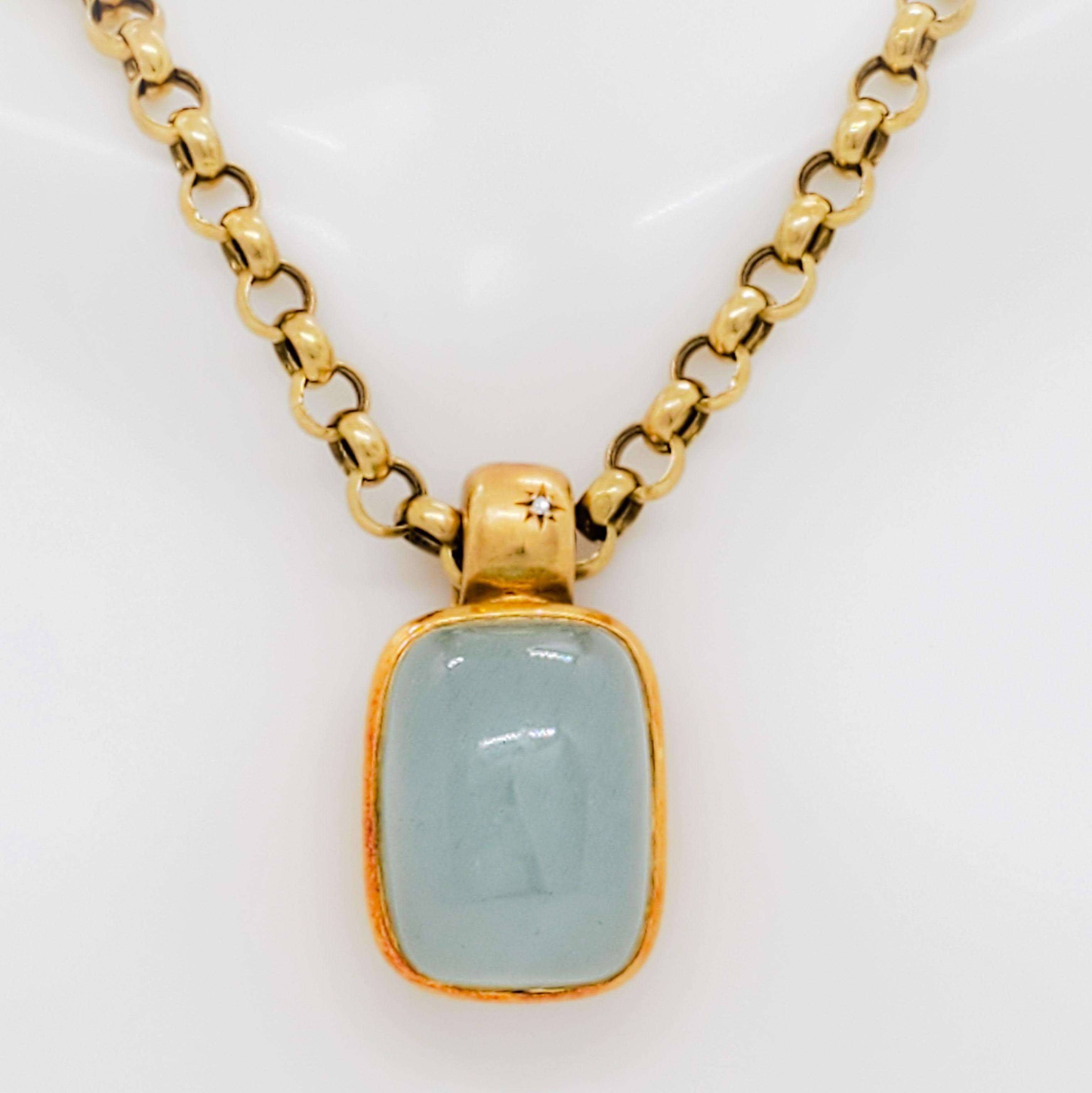 Beautiful H. Stern pendant necklace made with light green stone and signature single diamond star. Handmade in 18k yellow gold.
