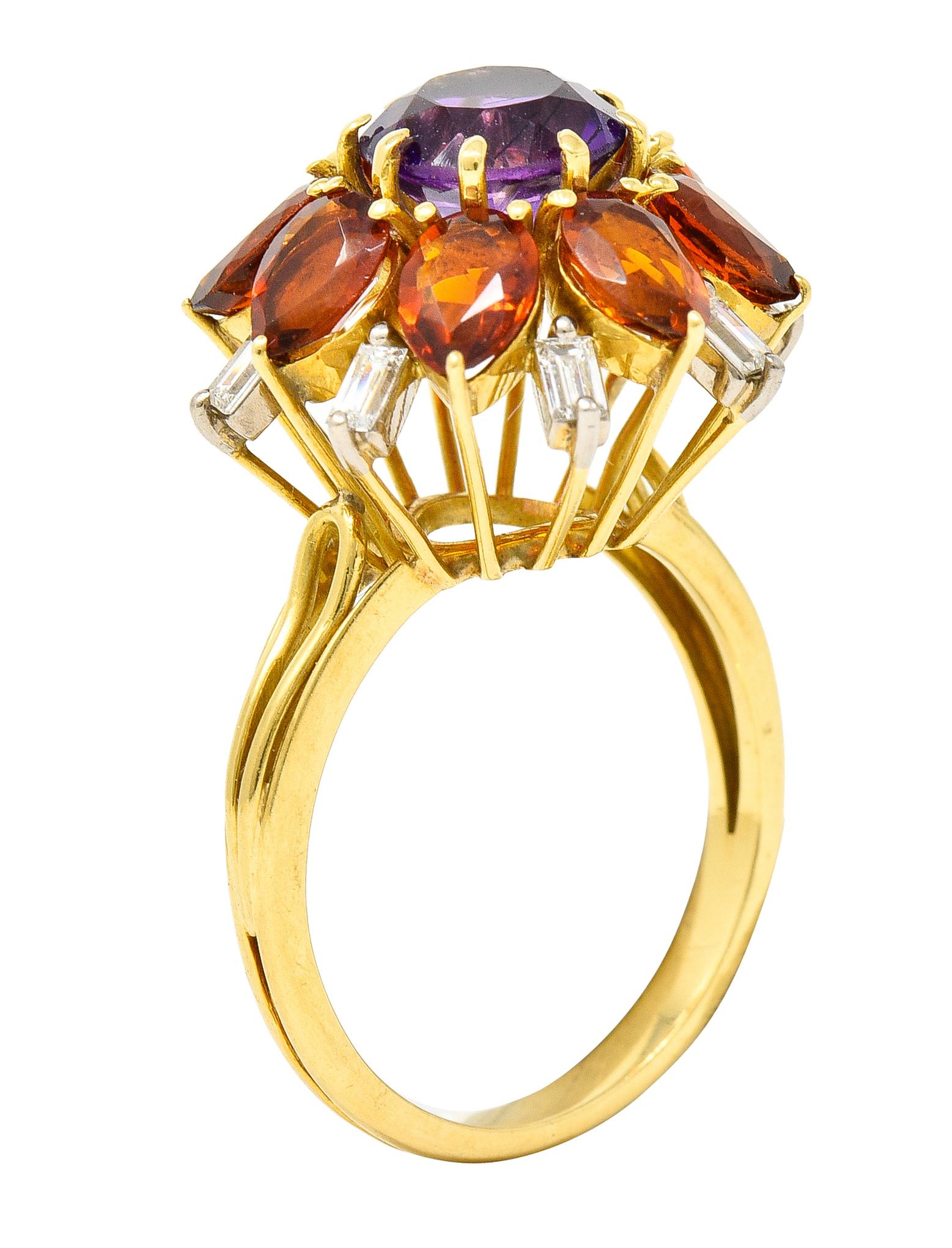 Centering a prong set round cut amethyst weighing approximately 1.70 carats total. Transparent medium purple in color - with a citrine cluster surround. Pear cut and weighing approximately 4.00 carats total. Transparent medium brownish-orange -