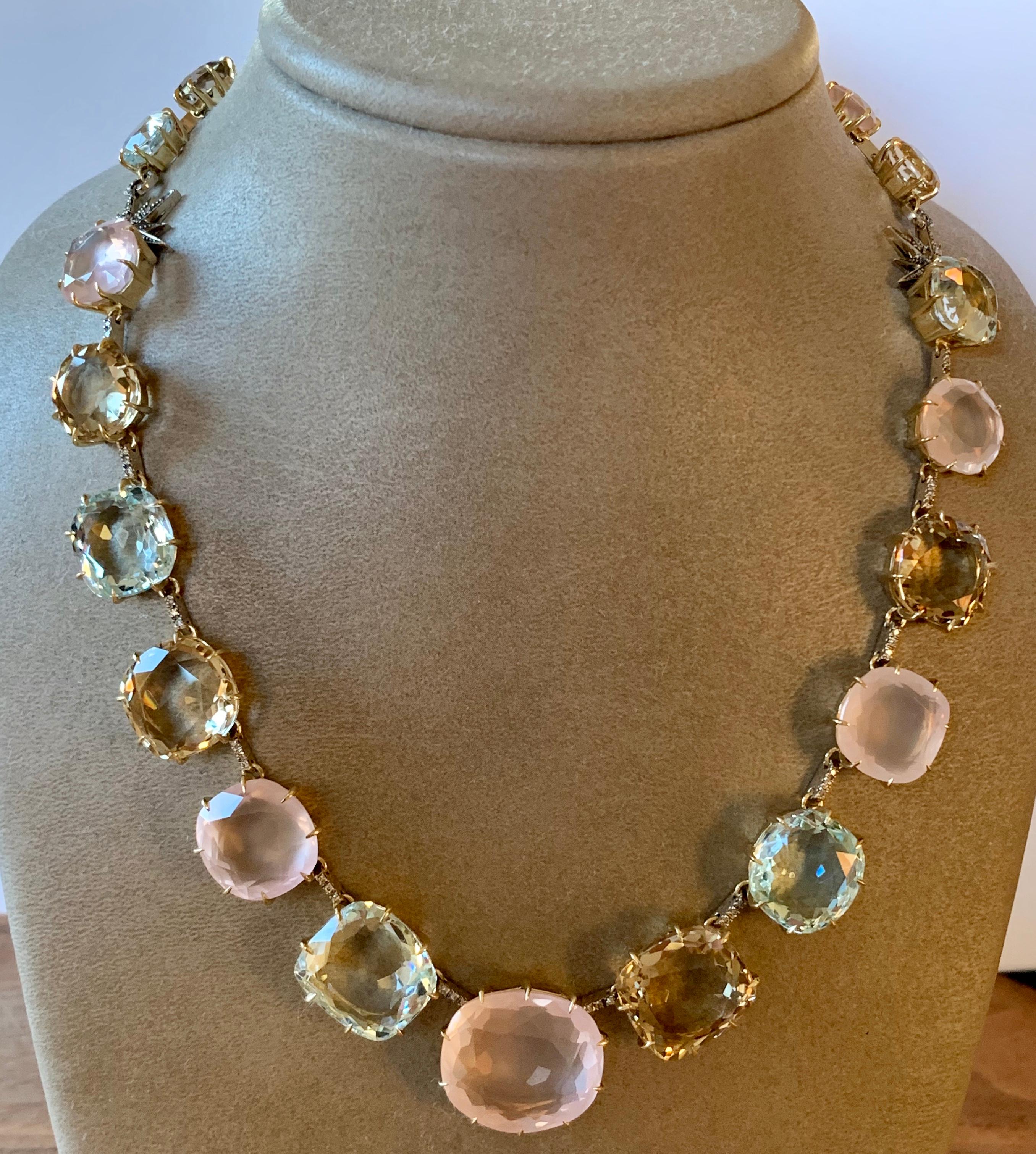 H. Stern 18 K Gold diamond and multicolored faceted gemstones( Rose Quarz, Aquamarine & Ctitrine) necklace from  the Moonlights collection. Current retail $31000. Necklace is 47cm long. Gems range in size from 9mm x 11mm to 21mm x 22mm. The colored