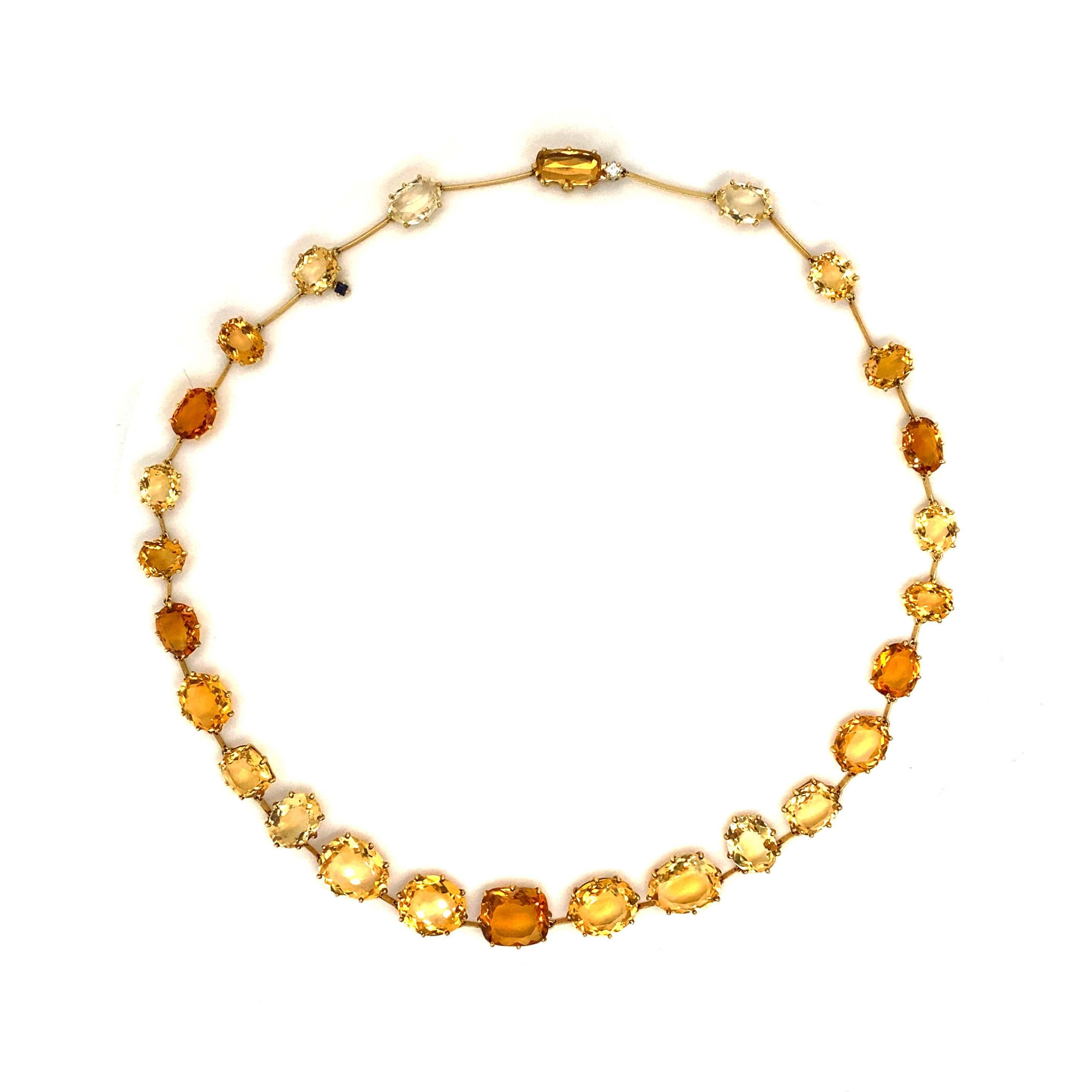 Created by luxury jewelry brand H. Stern, headquartered in Rio De Janeiro, Brazil this magnificent citrine necklace is an innovative unique design.  The graduated citrines get larger and closer together towards the front center of the necklace;