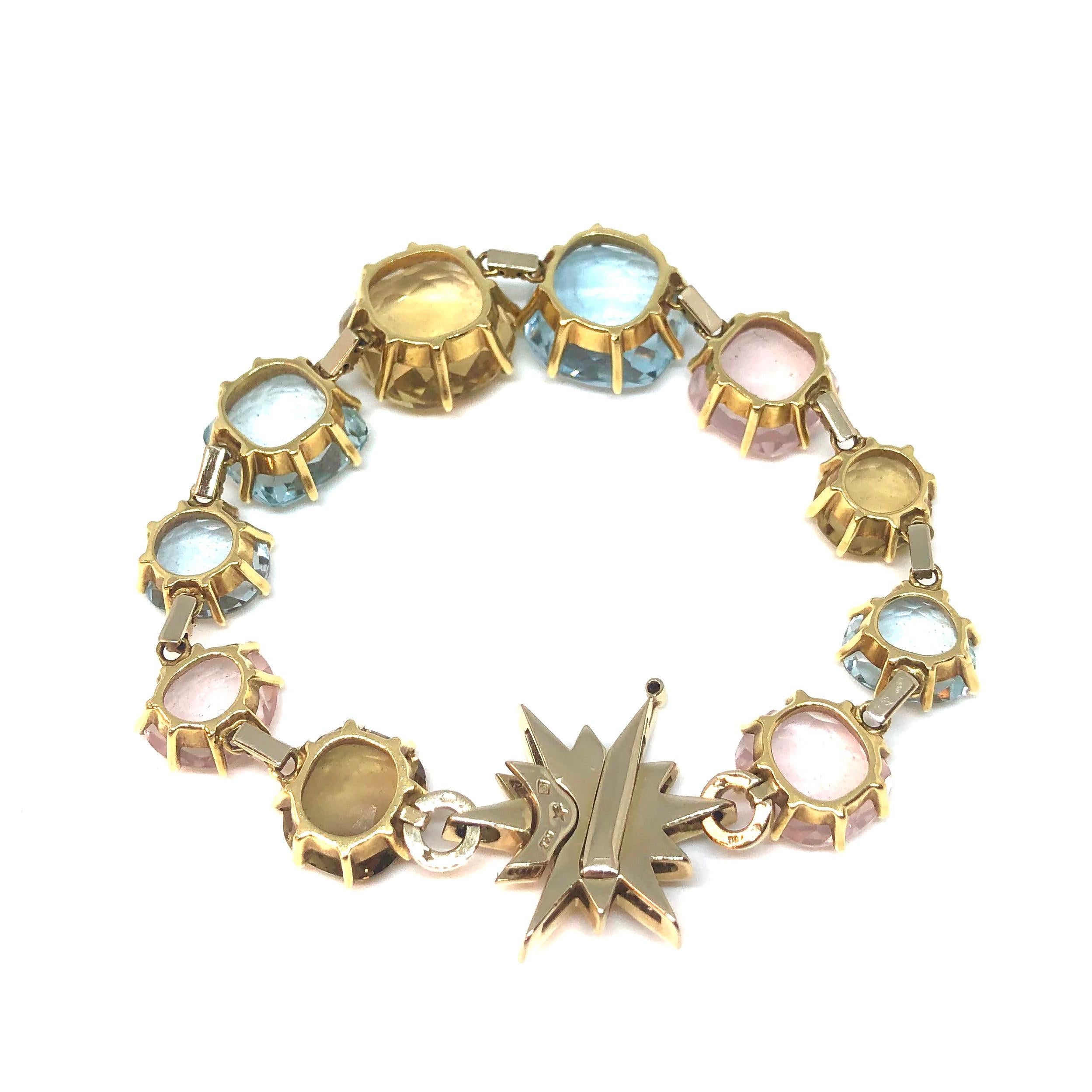 Part of H. Stern's Moonlight collection, the bracelet features pastel color gemstones making an illusion of the fascinating beauty of moonlight. The colored gemstones in various shapes and sizes have organic shapes and cuts that are reminiscent of
