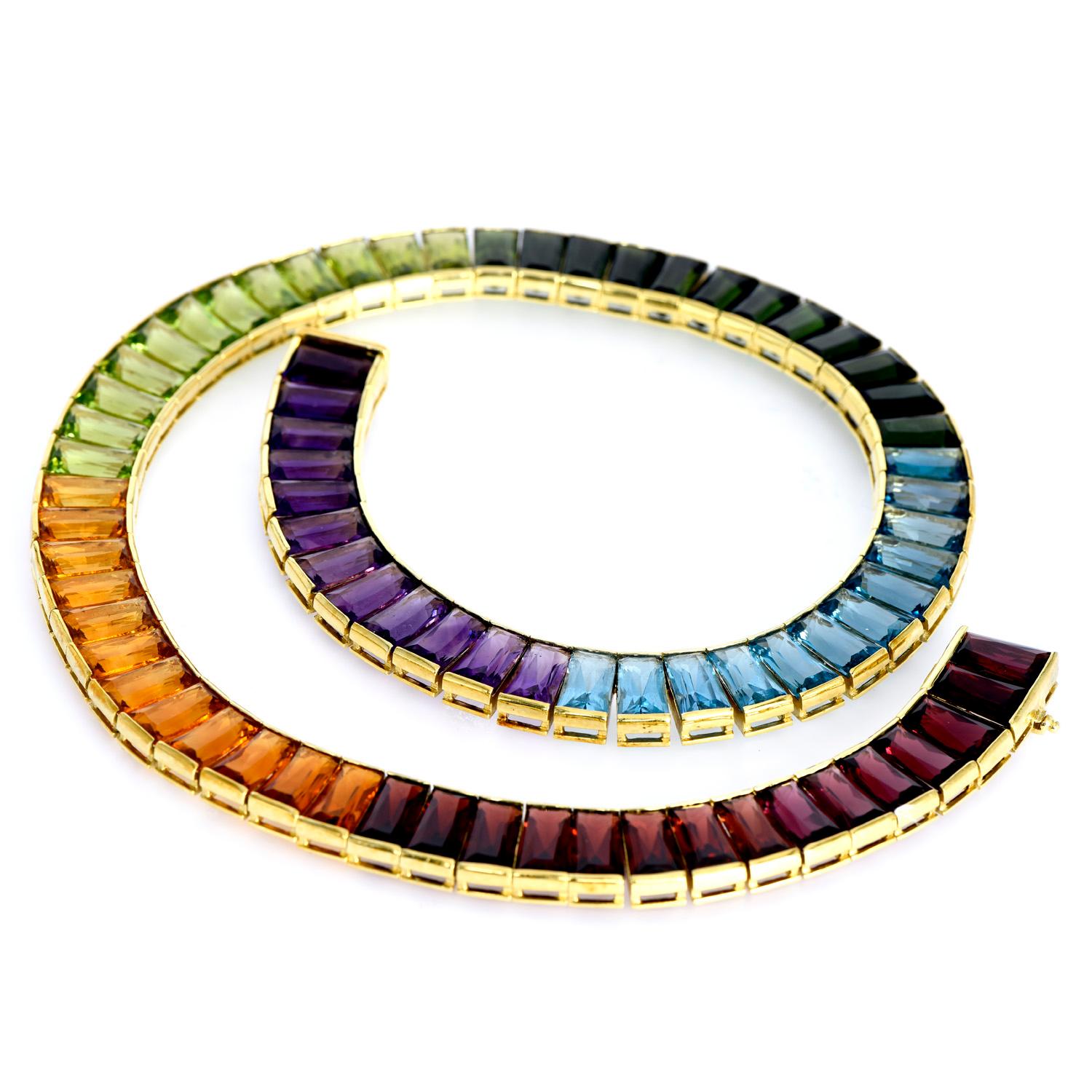 A timeless piece from the 1980s, inspired by the colors of the rainbow.

This H. Stern necklace is crafted in solid 18K yellow gold, with a multicolor display of fine gemstones.

Presenting a color gradient of red garnet, pink & green tourmaline,
