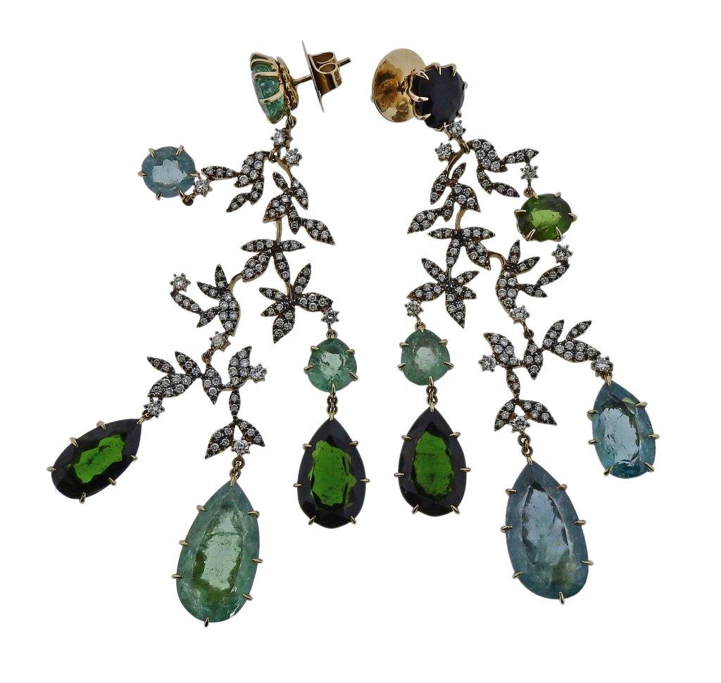 Impressive 18k gold chandelier Nature earrings by H. Stern, set with green tourmalines and approx. 3.27ctw in G/VS diamonds. Earrings are 100mm x 38mm. Weight is 38.6 grams. Marked Star mark, S mark, 750.