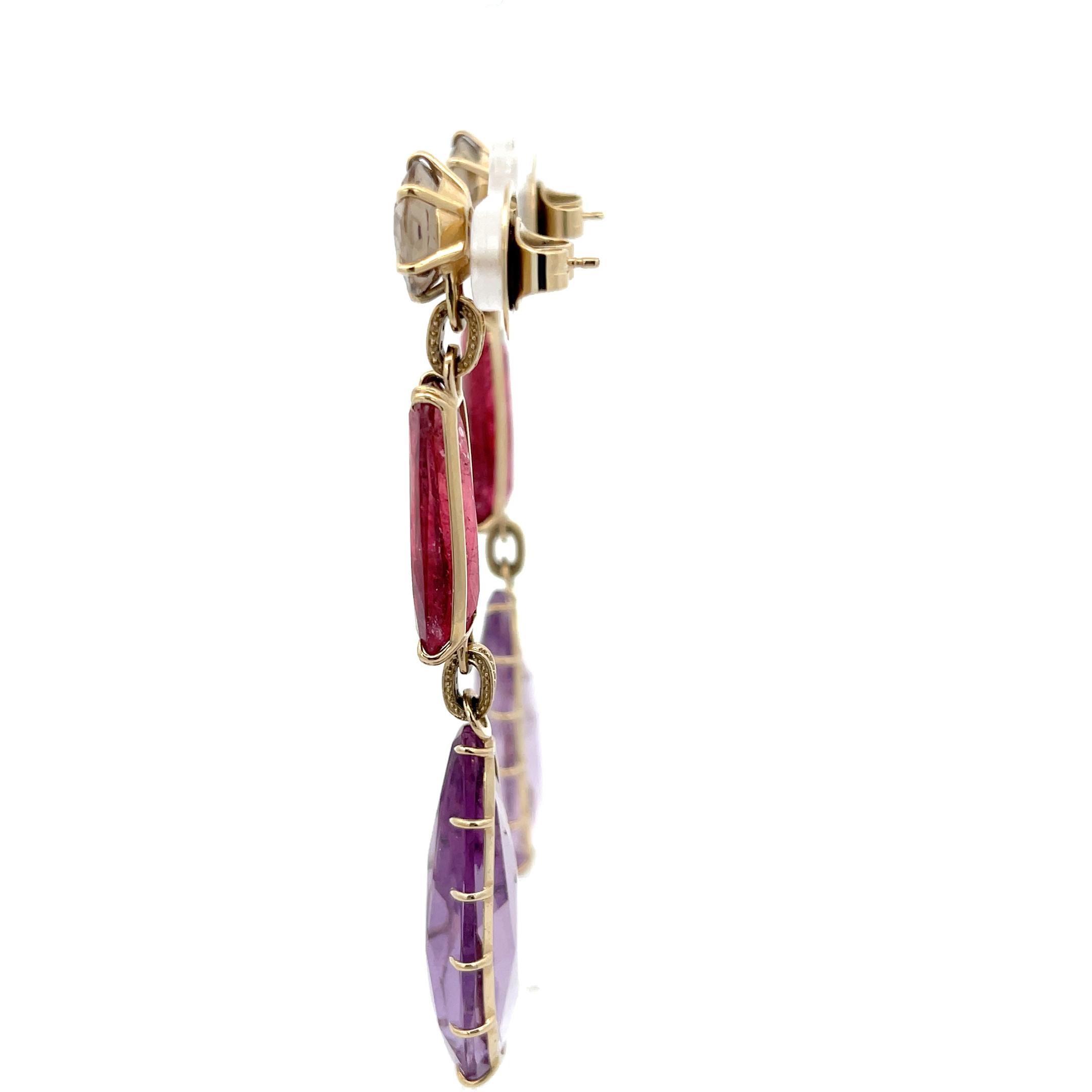 H Stern Pink Tourmaline and Amethyst Dangle Earrings 18K Yellow Gold In Excellent Condition In Dallas, TX