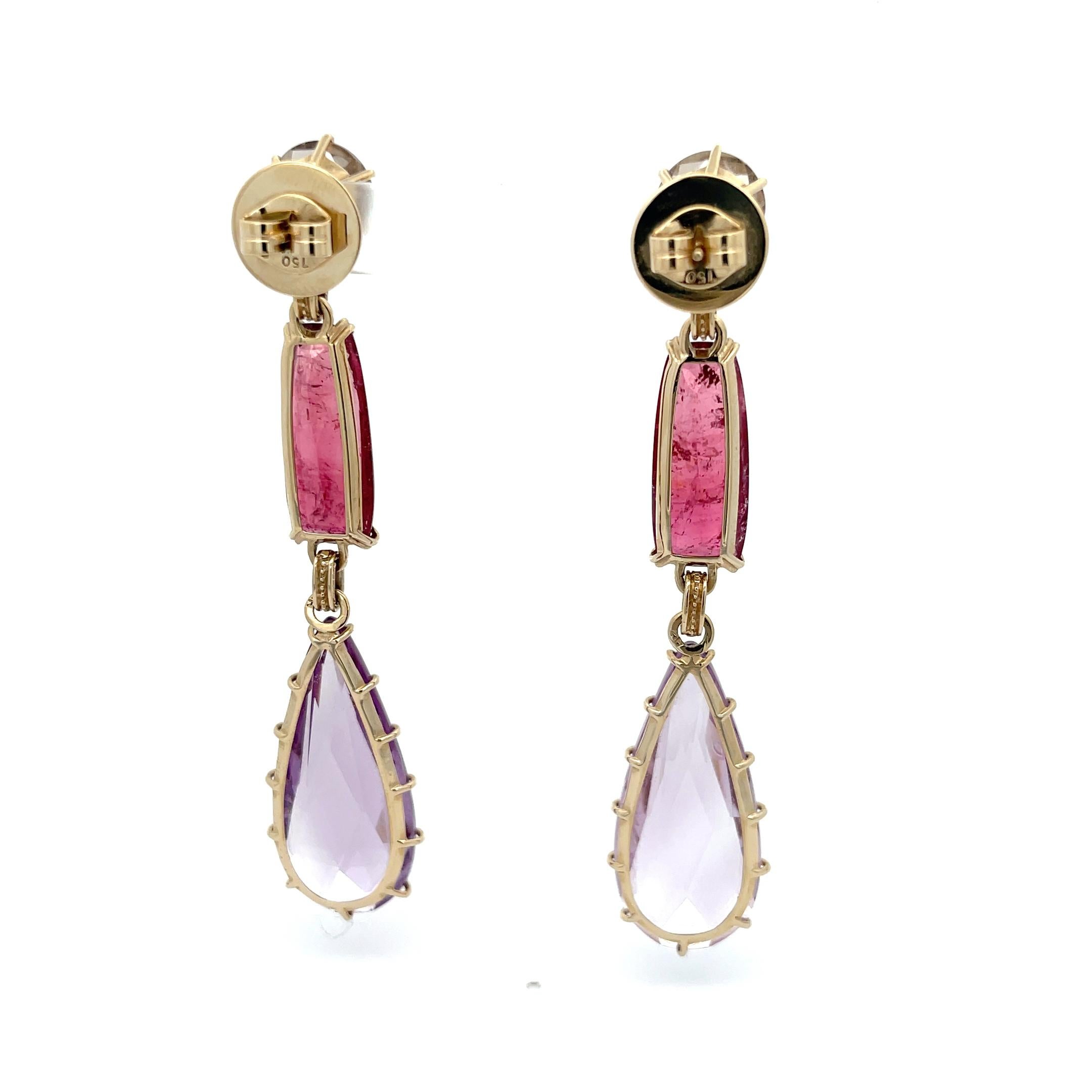 Women's H Stern Pink Tourmaline and Amethyst Dangle Earrings 18K Yellow Gold