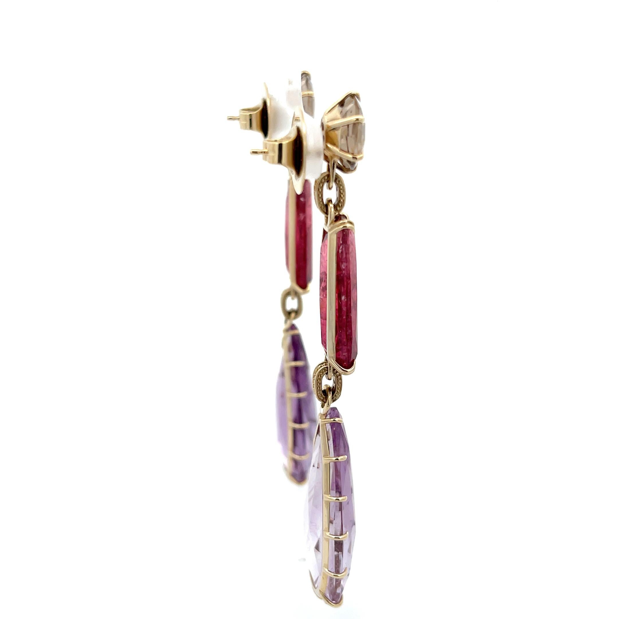 H Stern Pink Tourmaline and Amethyst Dangle Earrings 18K Yellow Gold 1