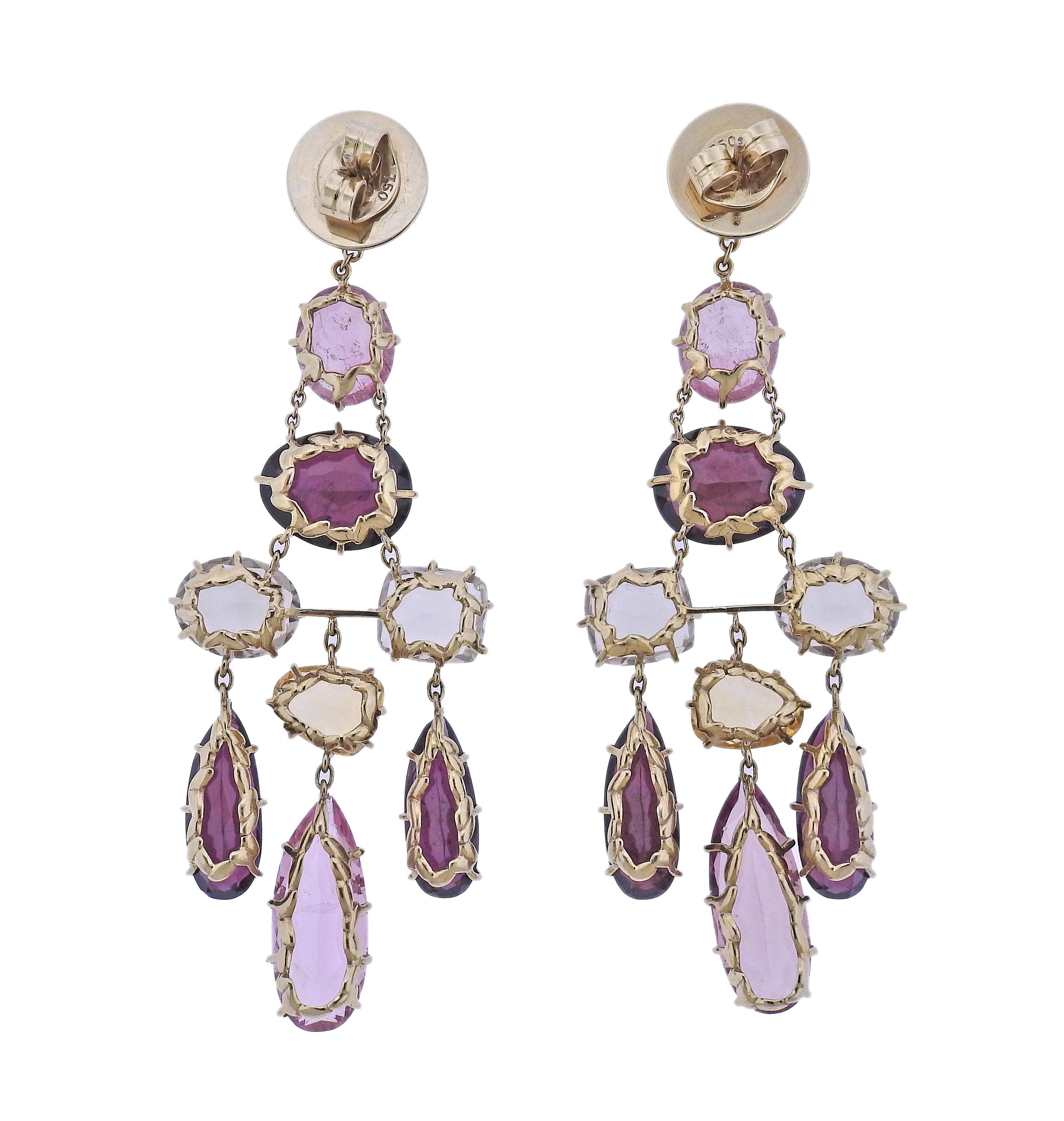 Pair of 18k gold chandelier Primavera earrings by H. Stern, set with pink tourmalines and crystal quartz. Earrings are 3