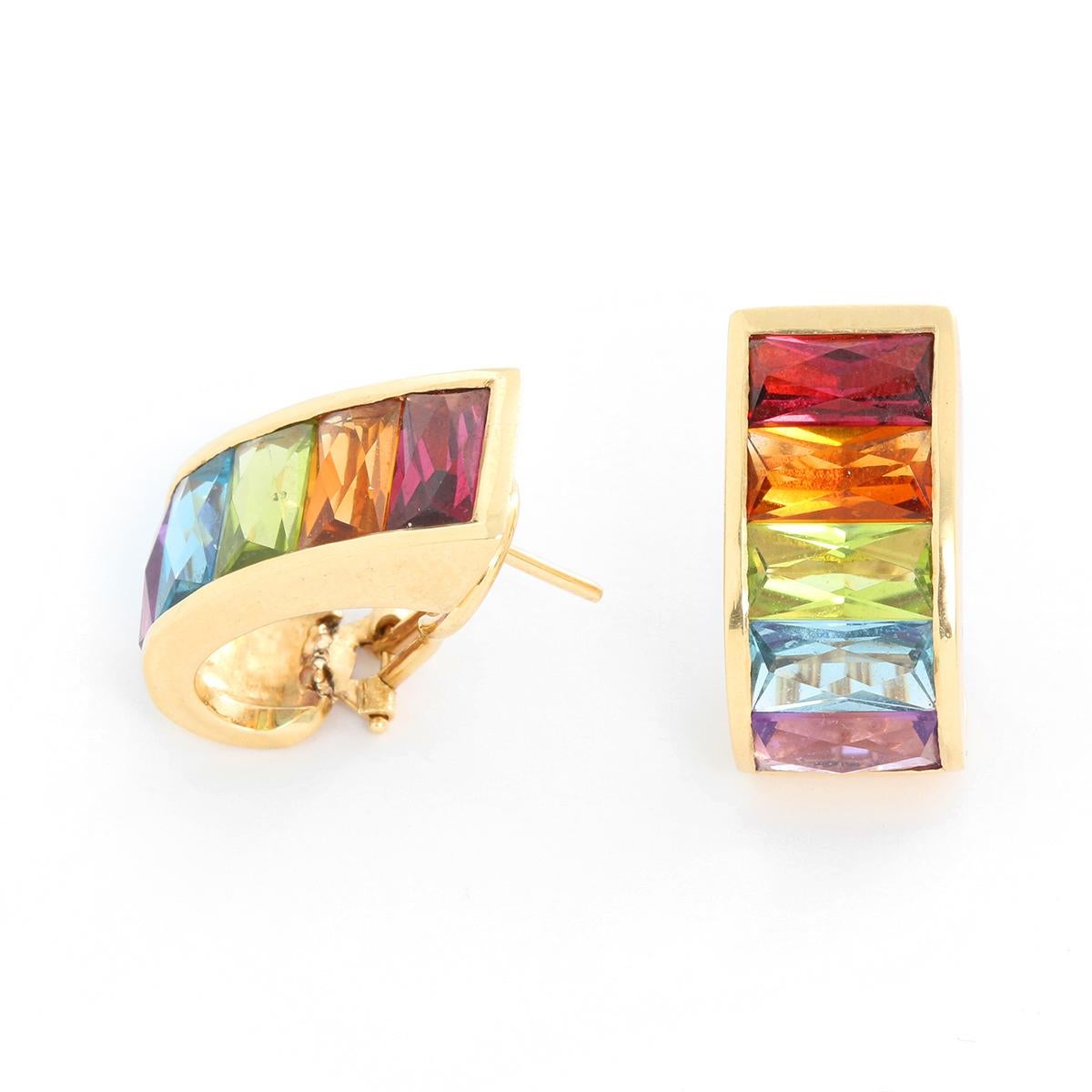 H. Stern Rainbow 18K Yellow Gold Earrings - H. Stern earrings are crafted in 18k yellow gold and set with faceted rectangular-cut gemstones of an estimated 10.10 carats - amethyst (about 1.85 carats), blue topaz (about 2.30 carats), peridot (about