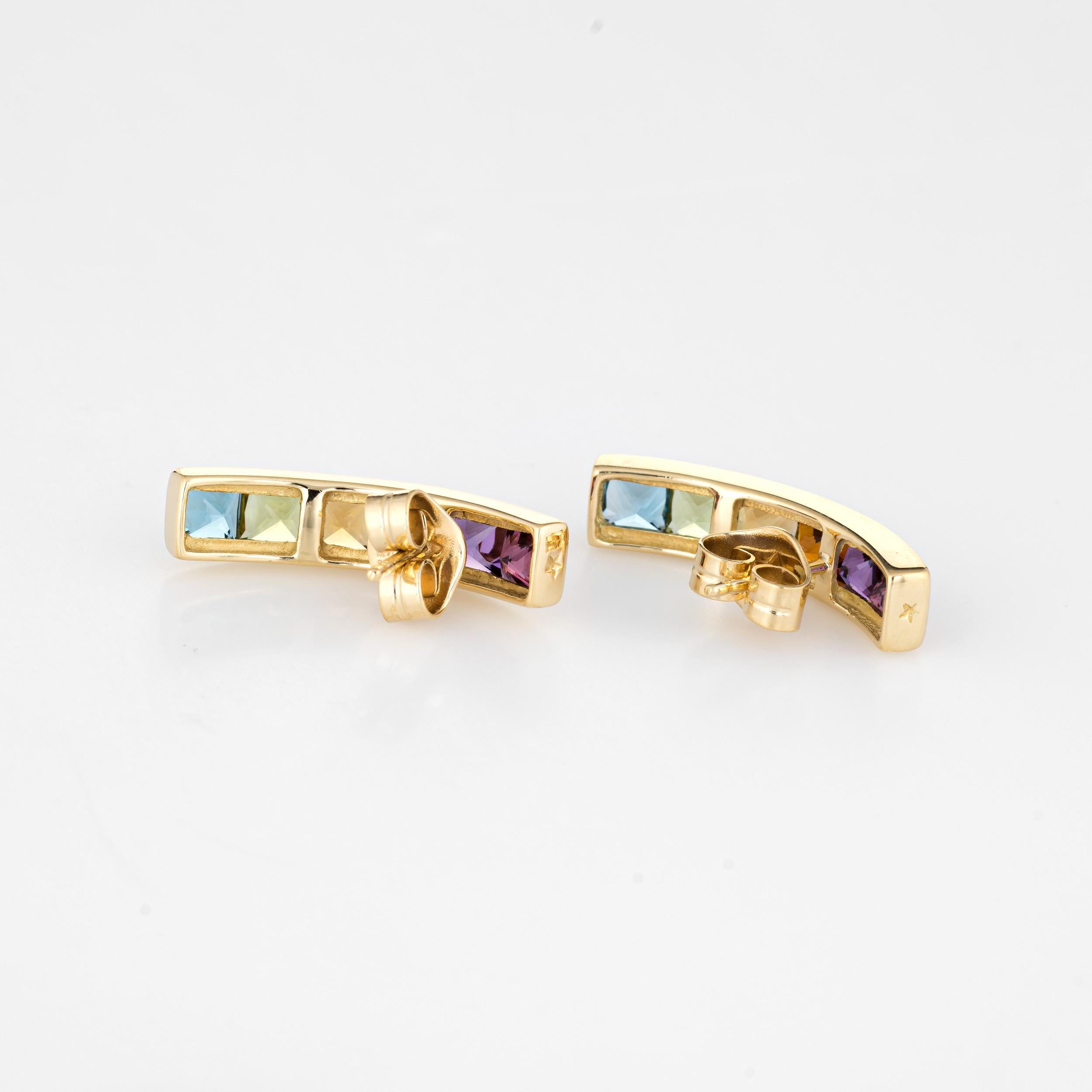 Elegant pair of estate H Stern rainbow gemstone earrings crafted in 18k yellow gold. 

Princess cut pink tourmaline, amethyst, citrine, peridot and blue topaz are estimated at 0.10 carats each. The total weight is estimated at 1.20 carats. The