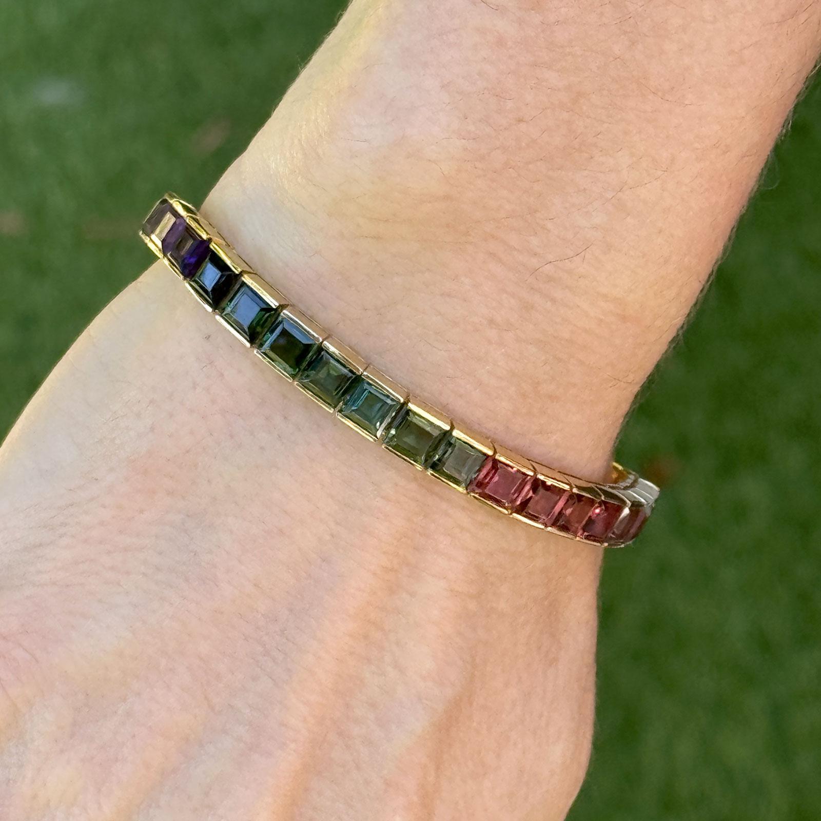 Square Cut H. Stern Rainbow Tourmaline Citrine Topaz Amethyst 18KYG Line Bracelet