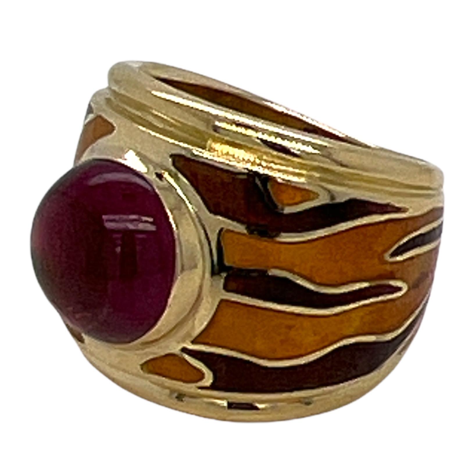 H. Stern 18 Karat Gelbgold Bandring mit Rhodolith Granat Emaille Tigermuster (Cabochon)