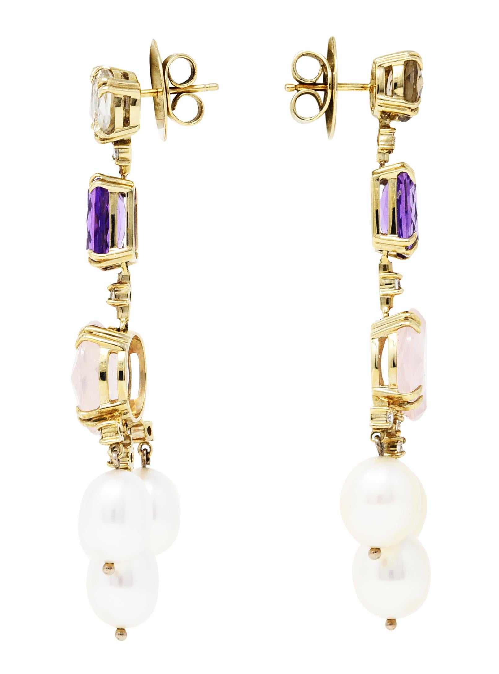 Statement chandelier style earrings are comprised of three basket set gemstones. Surmount is an 8.0 mm mixed round cut champagne quartz - transparent with light brownish yellow color. With mixed cushion cut amethysts measuring approximately 10.0 x