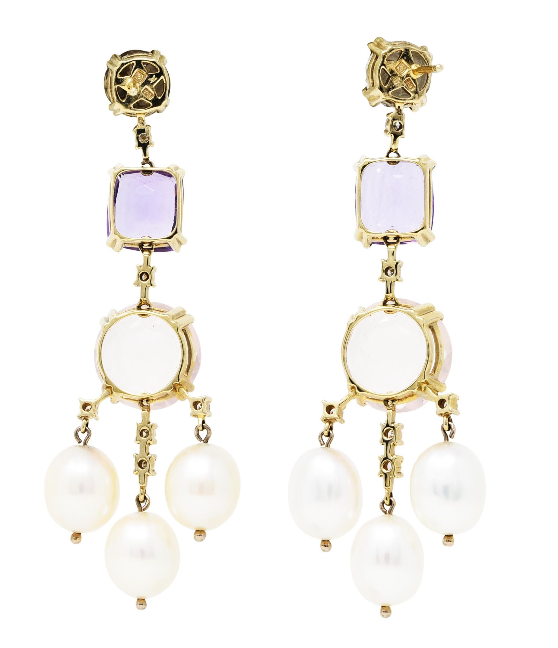 Contemporary H. Stern Rose Quartz Amethyst Diamond Pearl 18 Karat Gold Chandelier Earrings