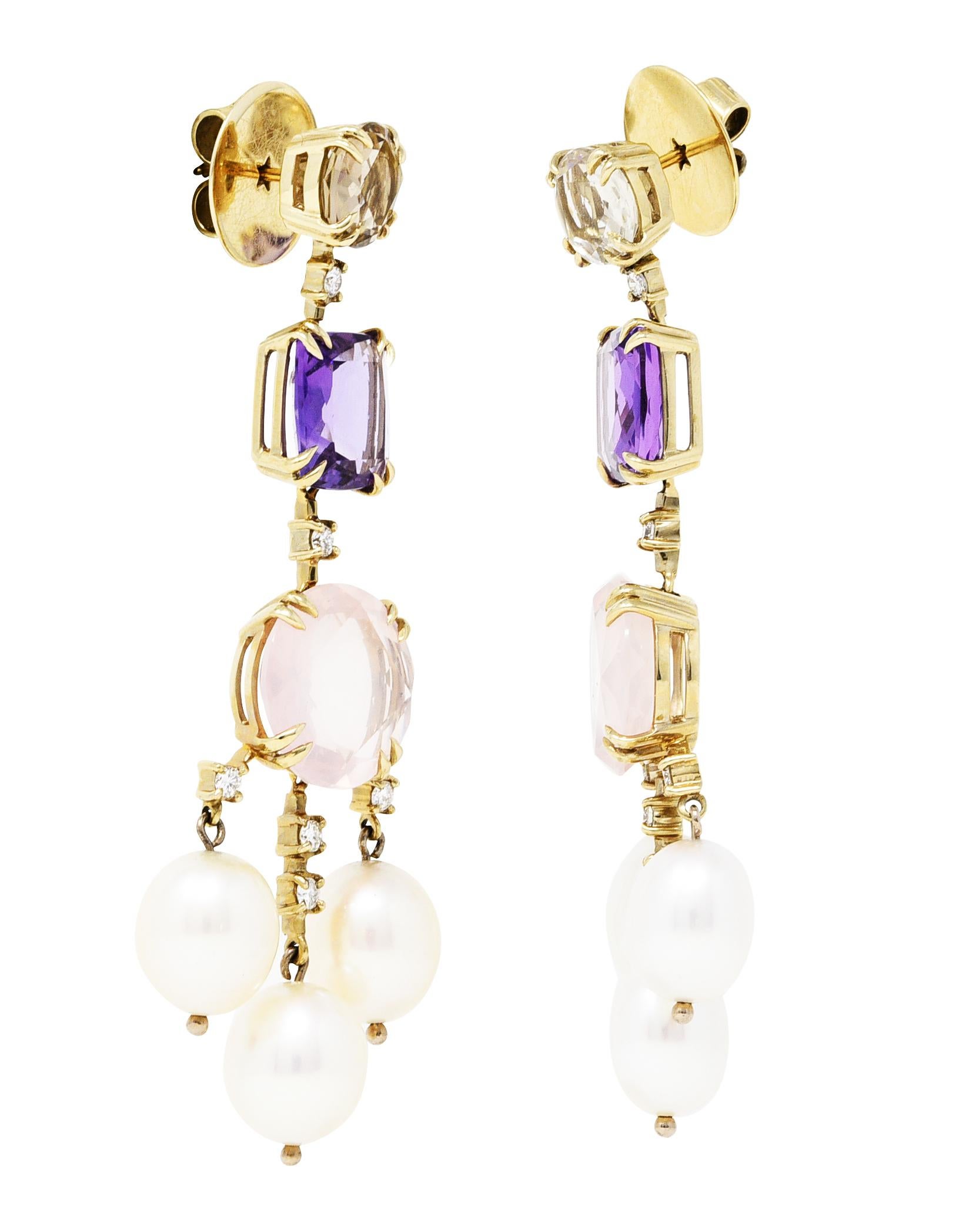 Women's or Men's H. Stern Rose Quartz Amethyst Diamond Pearl 18 Karat Gold Chandelier Earrings