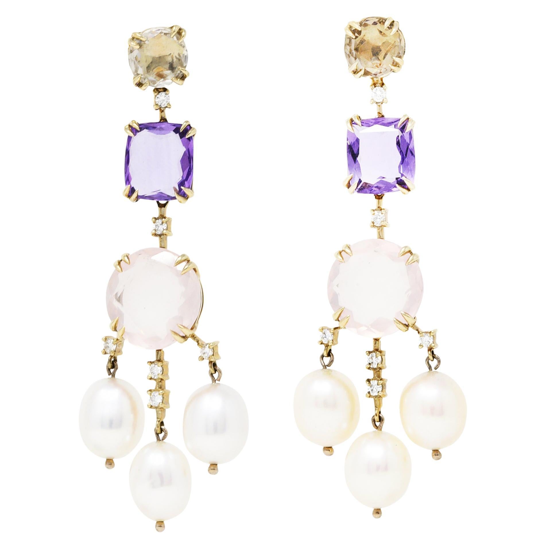 H. Stern Rose Quartz Amethyst Diamond Pearl 18 Karat Gold Chandelier Earrings